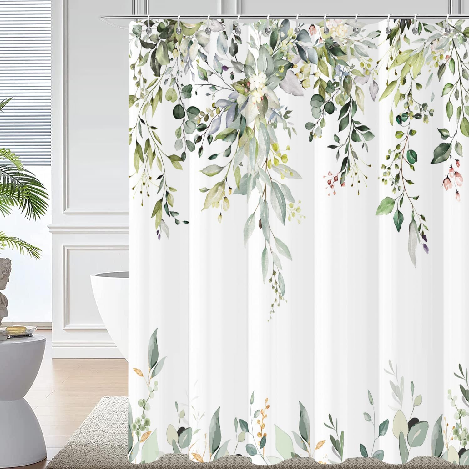 Caheansi Sage Green Eucalyptus Leaves Shower Curtain, Green And Gold Leaves Spring Botanical Plants Bathroom Curtain Waterproof