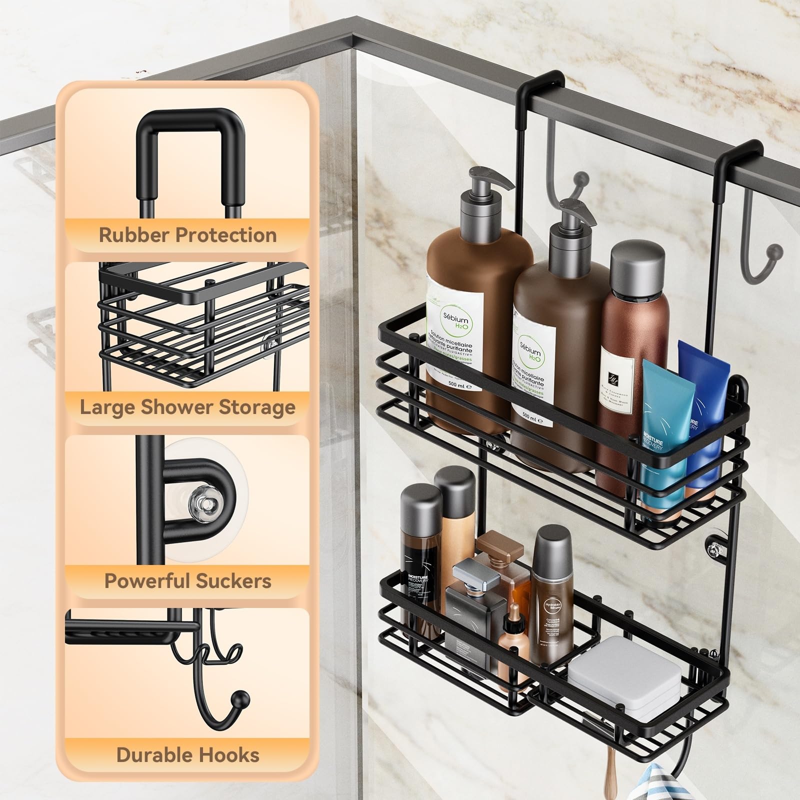 Gaseawolf Shower Caddy Over Door - 2-Tier Organizer Rack, Stainless Steel, Black, No Drilling, Holds Body Wash, Shampoo, Razor, Towel