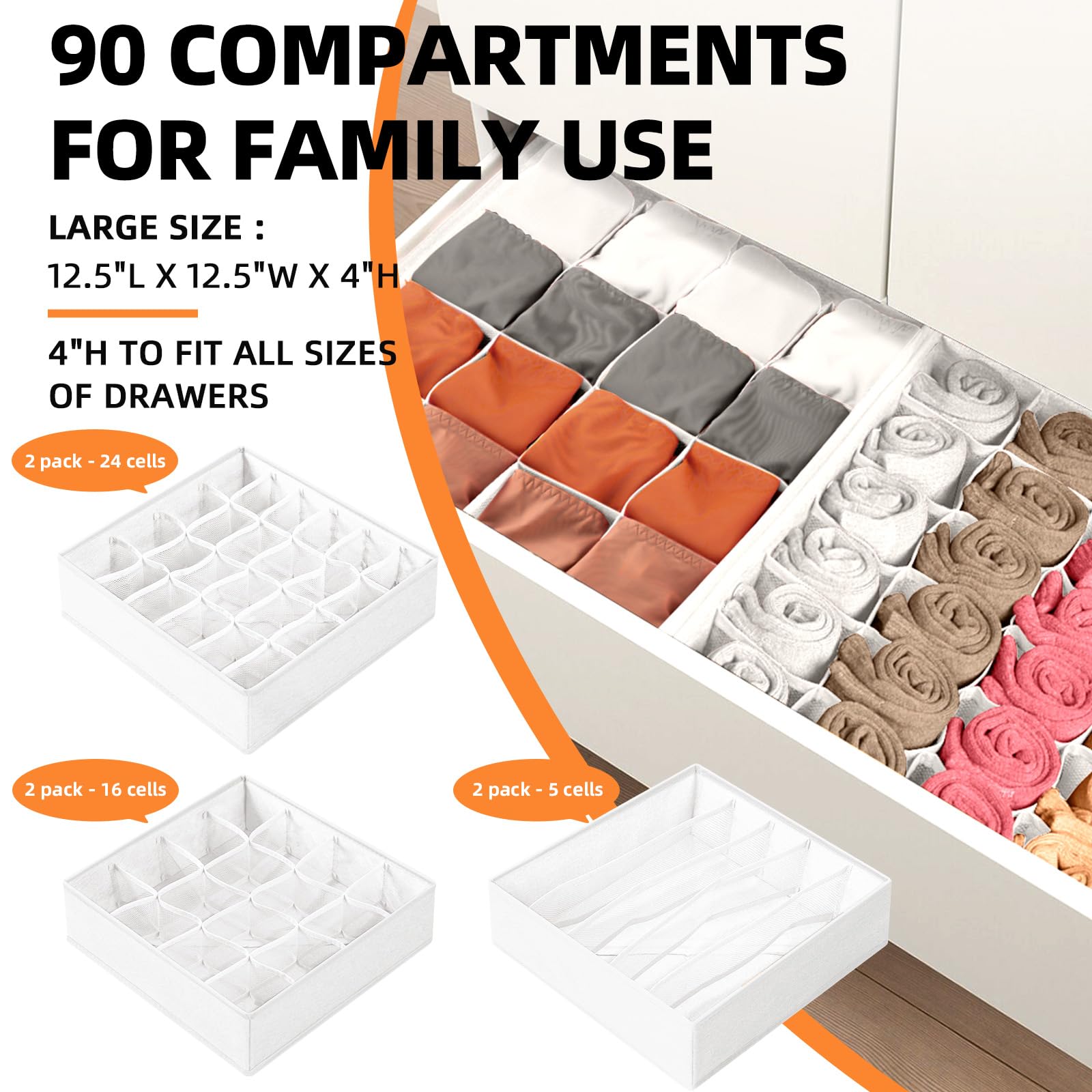 Criusia Drawer Organizer Clothes 6 Set - Dresser Organizer for Closet Bedroom - 90 Cells Drawer Organizer Bins for Sock Underwea