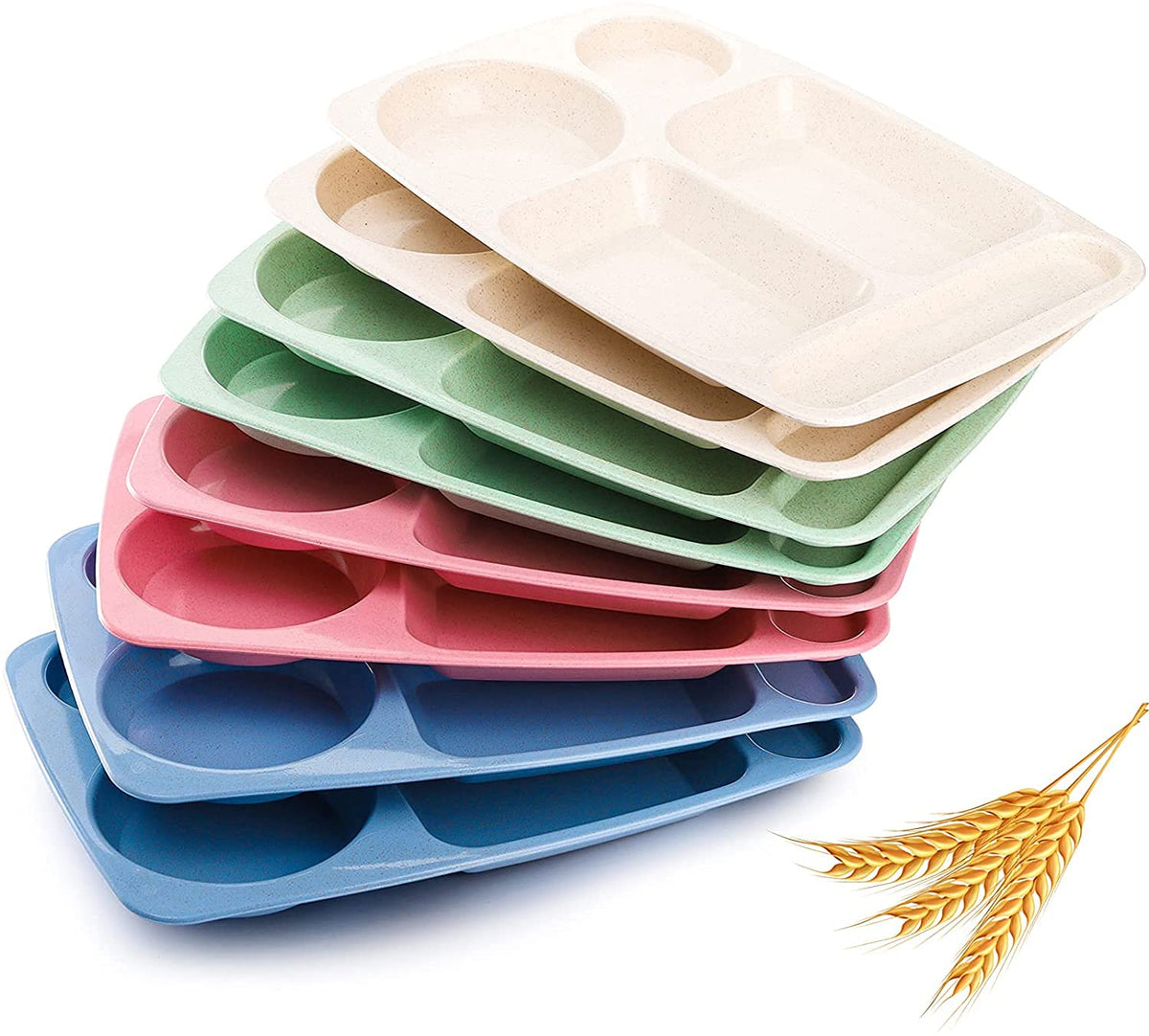 Wuweot 8 Pack Divided Food Plates, 13.5'' Wheat Straw Tray, 5-Compartment Unbreakable Fast Food Tray, Microwave Dishwasher Safe,
