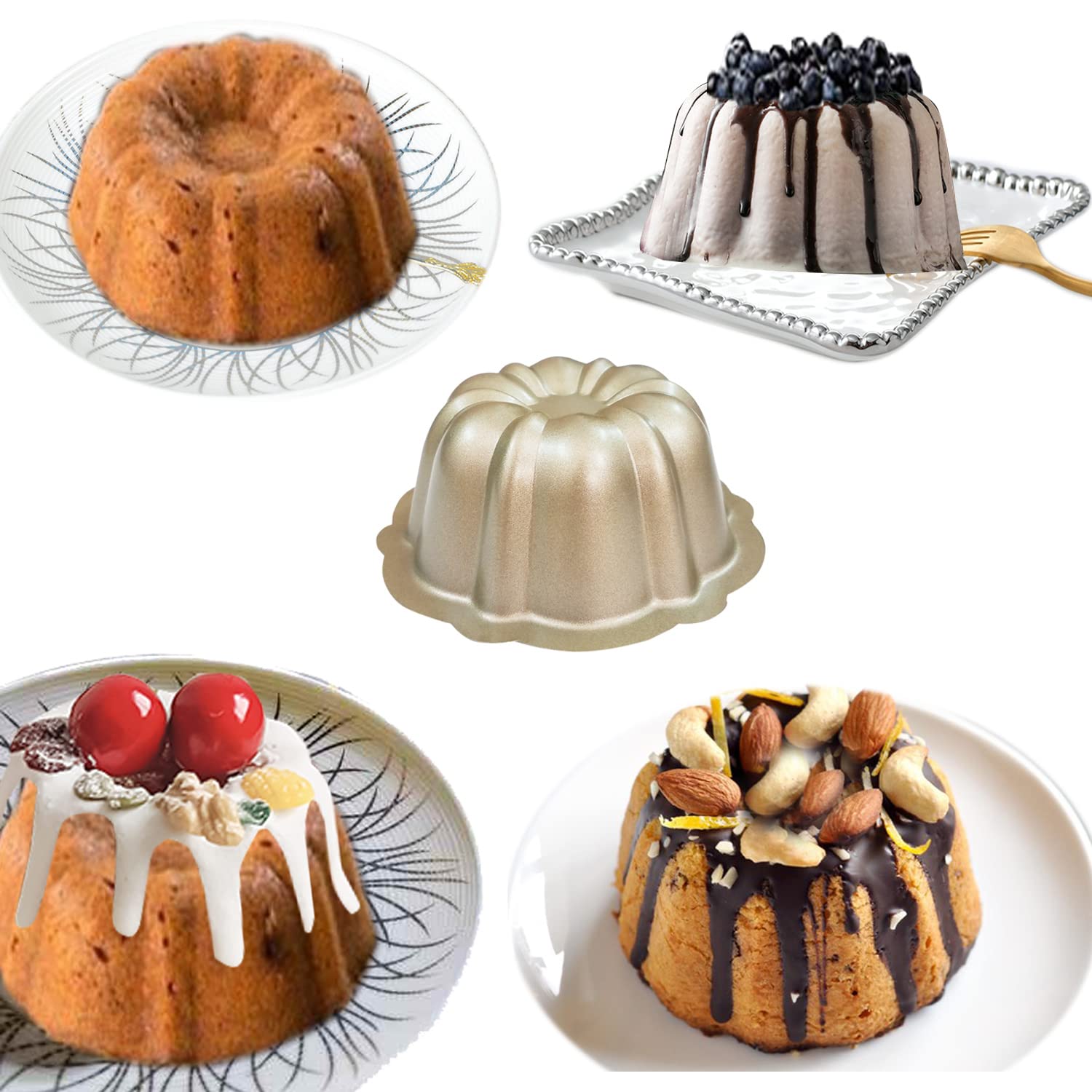 Proshopping Carbon Steel Mini Bundt Cake Pans, 4 Inch Metal Nonstick Fluted Cake Pan, 4Pcs Kugelhopf Mould For Baking Buntcake B