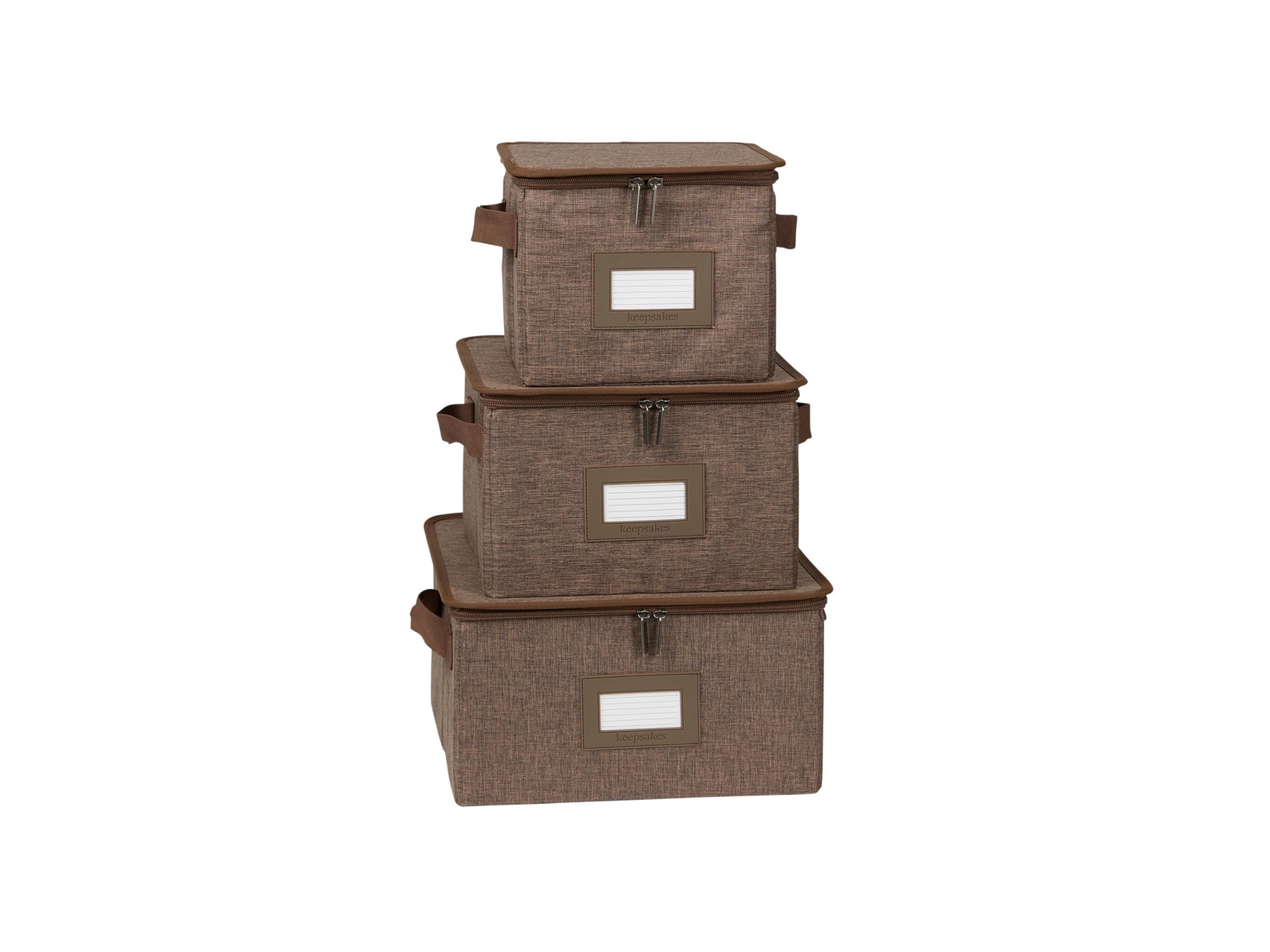 Covermates Keepsakes Dish Storage Box - Stackable, Reinforced Handles, China Storage-Brown Heather