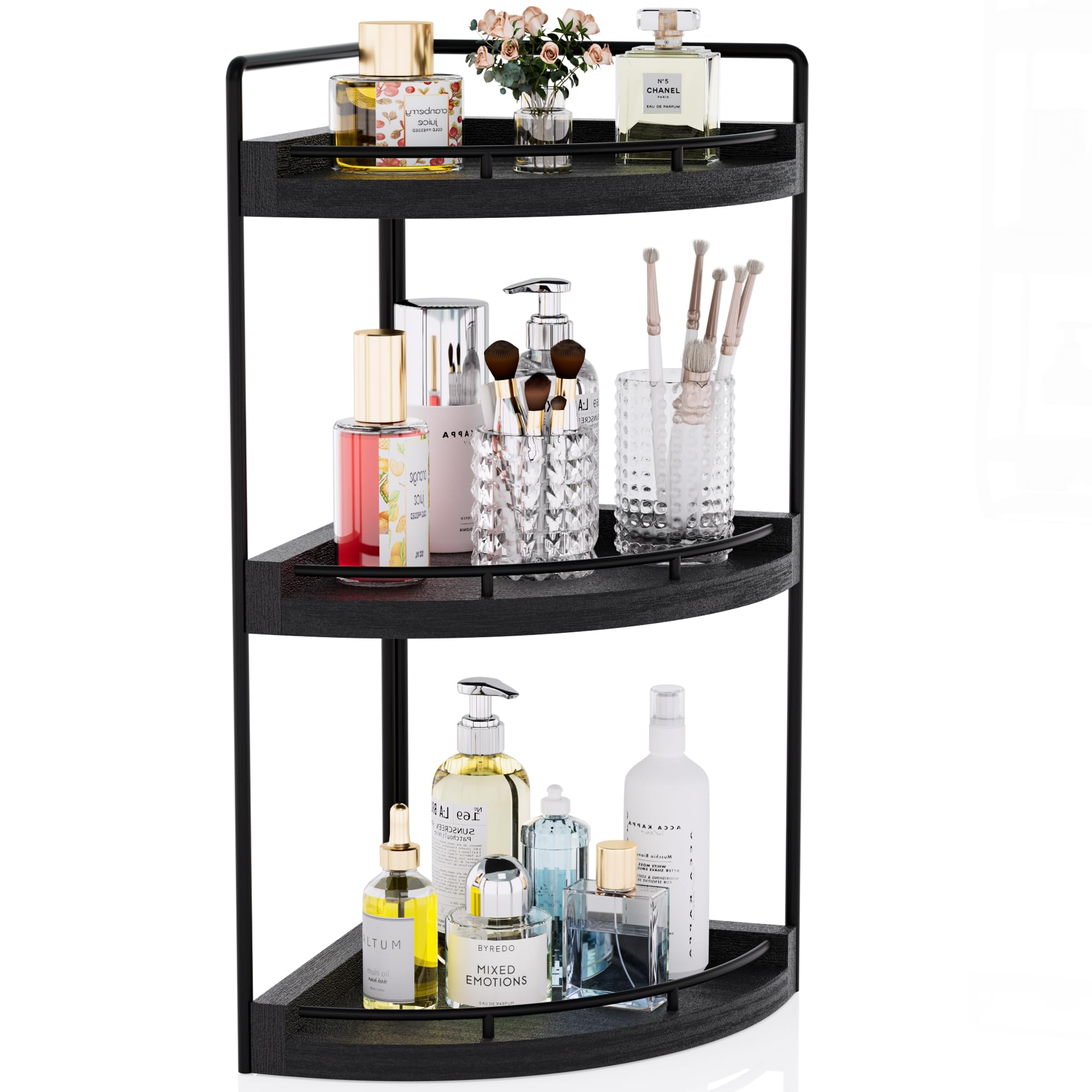 CeleVista Corner Bathroom Counter Organizer, 3 Tier Bathroom Sink Shelf Countertop, Wood Vanity Skincare Storage for Toiletries 