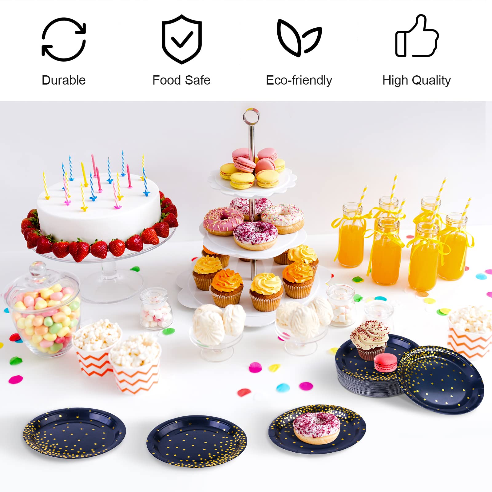 Aneco 60 Pieces 7 Inches Disposable Paper Plates Blue And Gold Foil Dot Dessert Plates Round Paper Plates For Wedding Bridal Sho