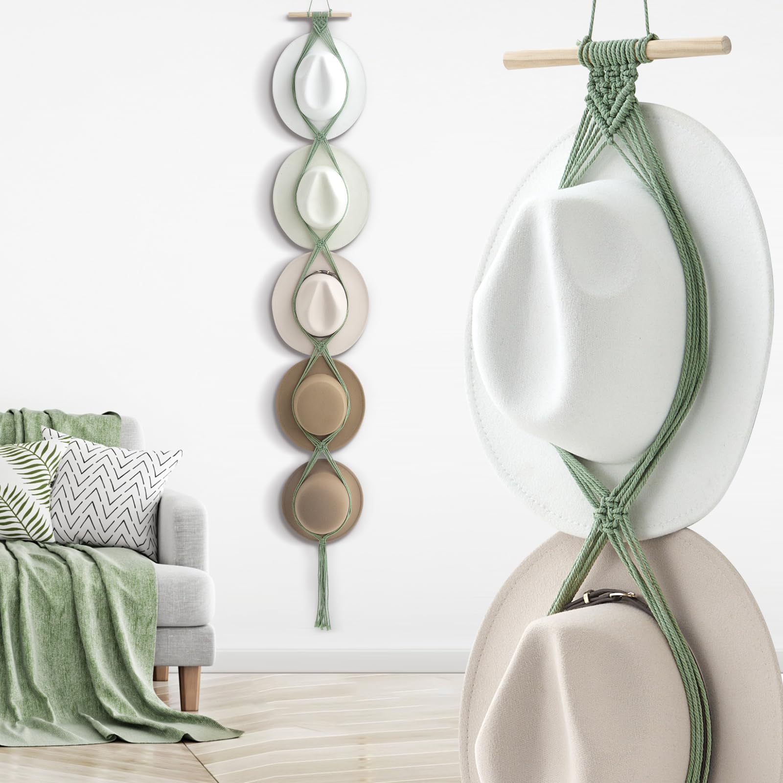 Yulejo Macrame Hat Hangers Boho Hat Rack Cowboy Hat Hanger Back Of Door Hat Organizer (Sage Green,Five Hats Style)