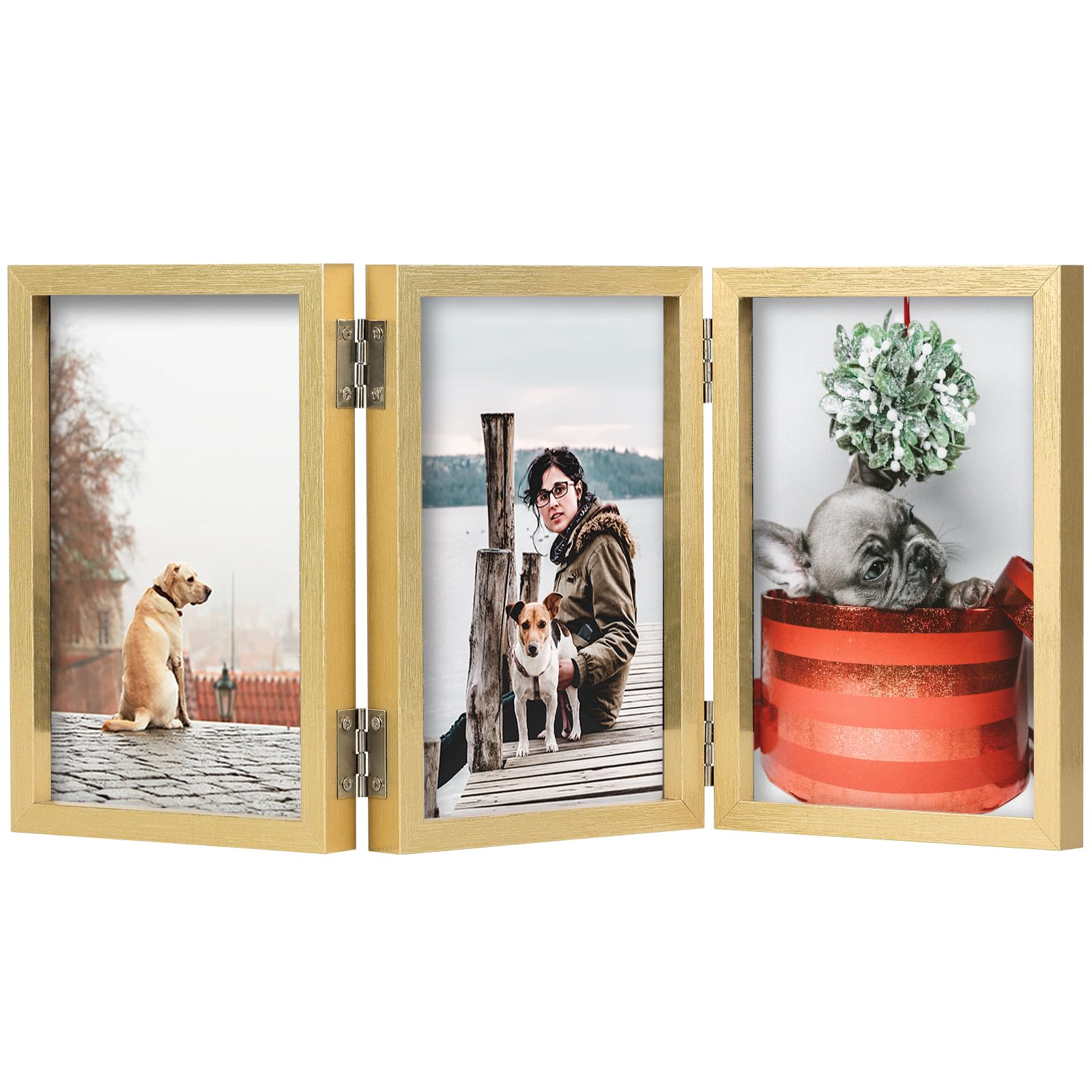 TOFOREVO 5x7 3 Picture Frame Triple Wooden Hinged Photo Frame Definition Glass Stand Vertically on Desktop or Tabletop Gold