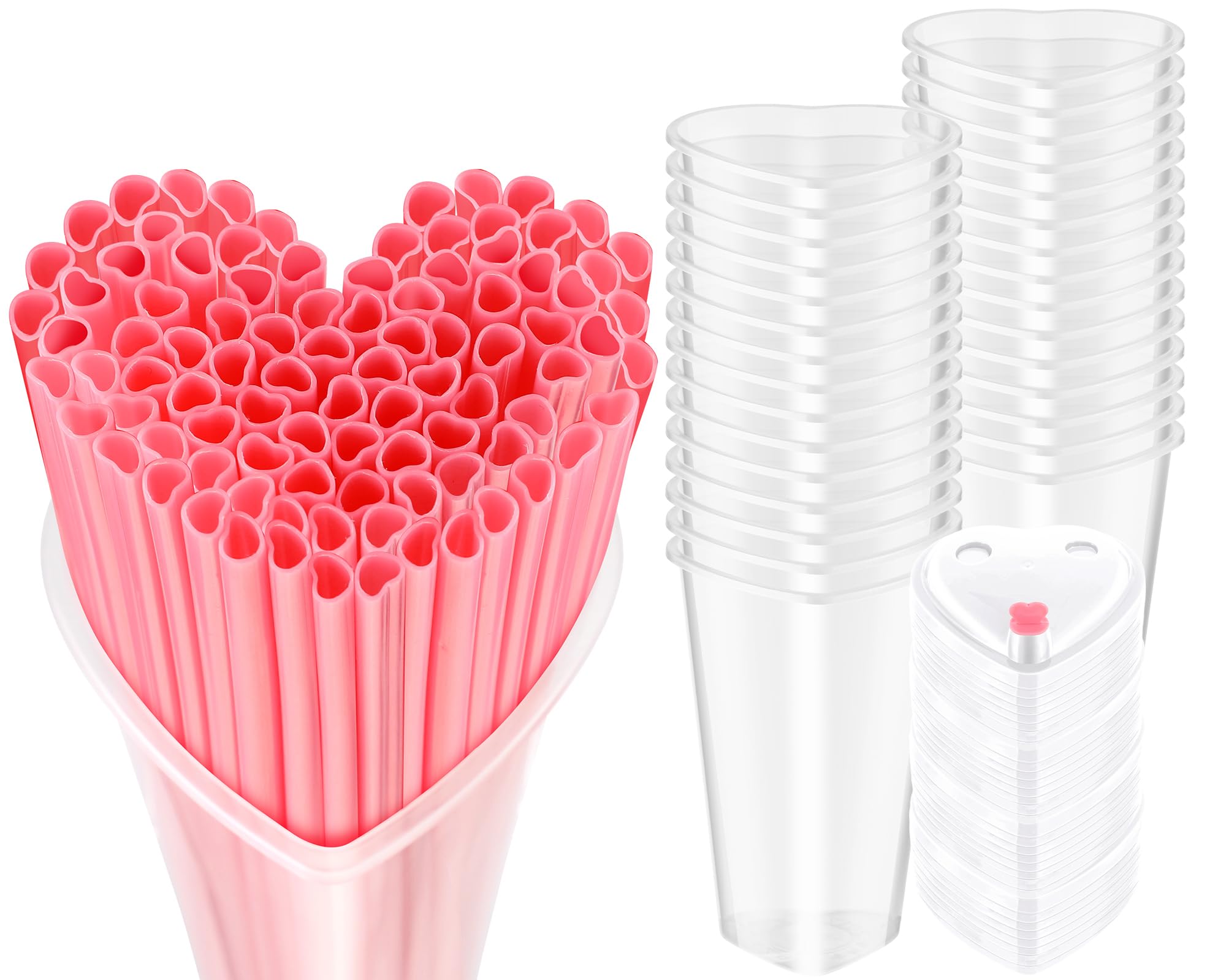 Potchen 60 Set Valentines Day Plastic Cups With Heart Shaped Straws 16 Oz Disposable Cups With Lid And Straws For Valentines Day