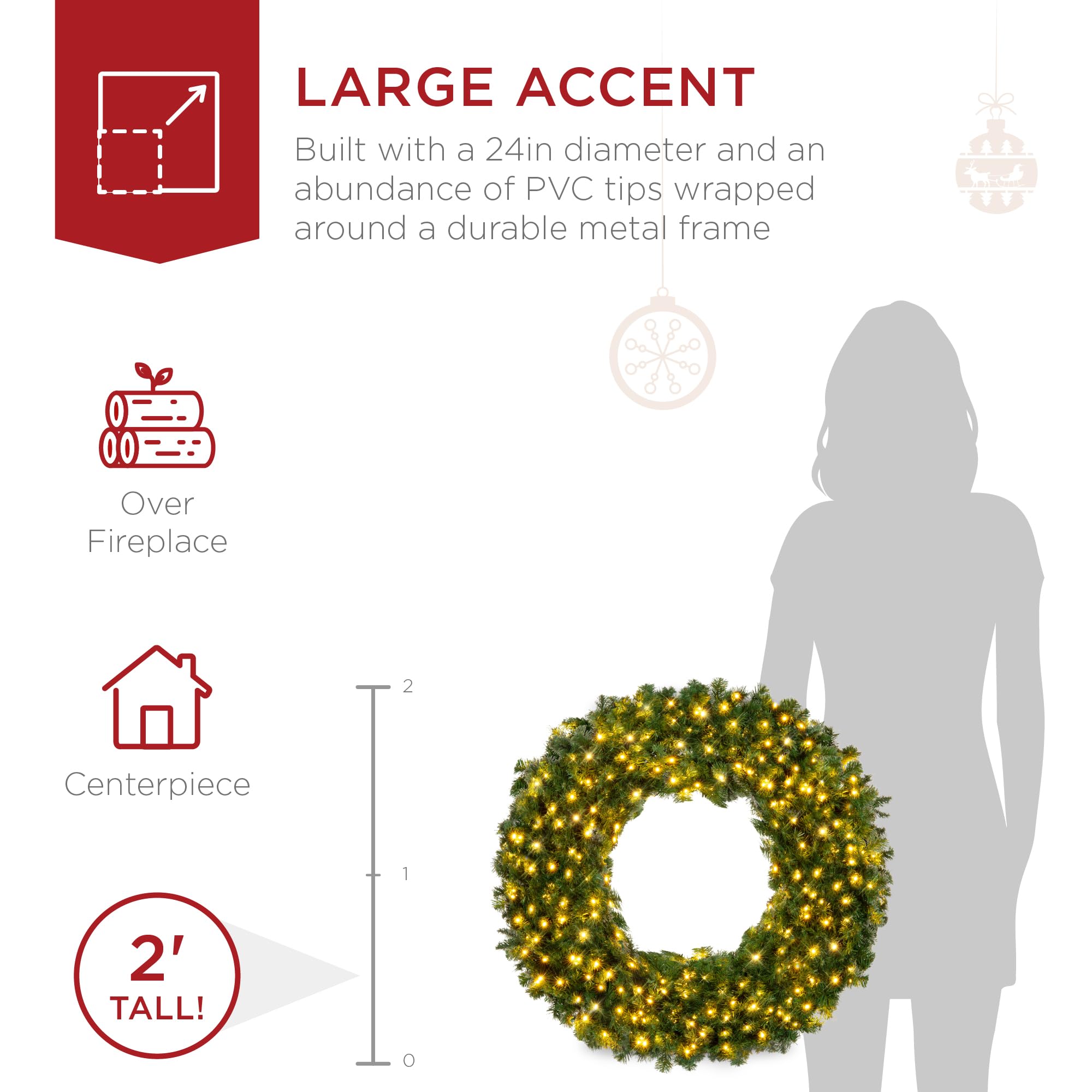 Best Choice Products 24in Large Artificial Pre-Lit Fir Christmas Wreath Holiday Accent Decoration w/ 50 LED Lights, 100 PVC Tips