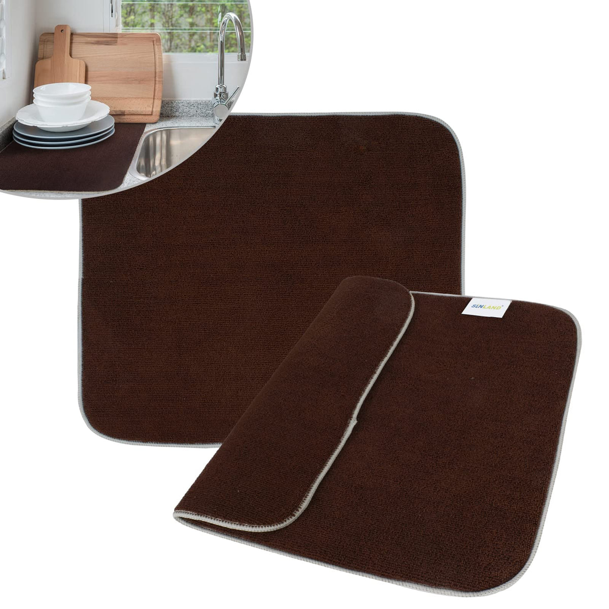 Sinland Microfiber Dish Drying Mat Super Absorbent Dish Drying Rack Pads Kitchen Counter Mat 16Inch X 18Inch Brown 2 Pack
