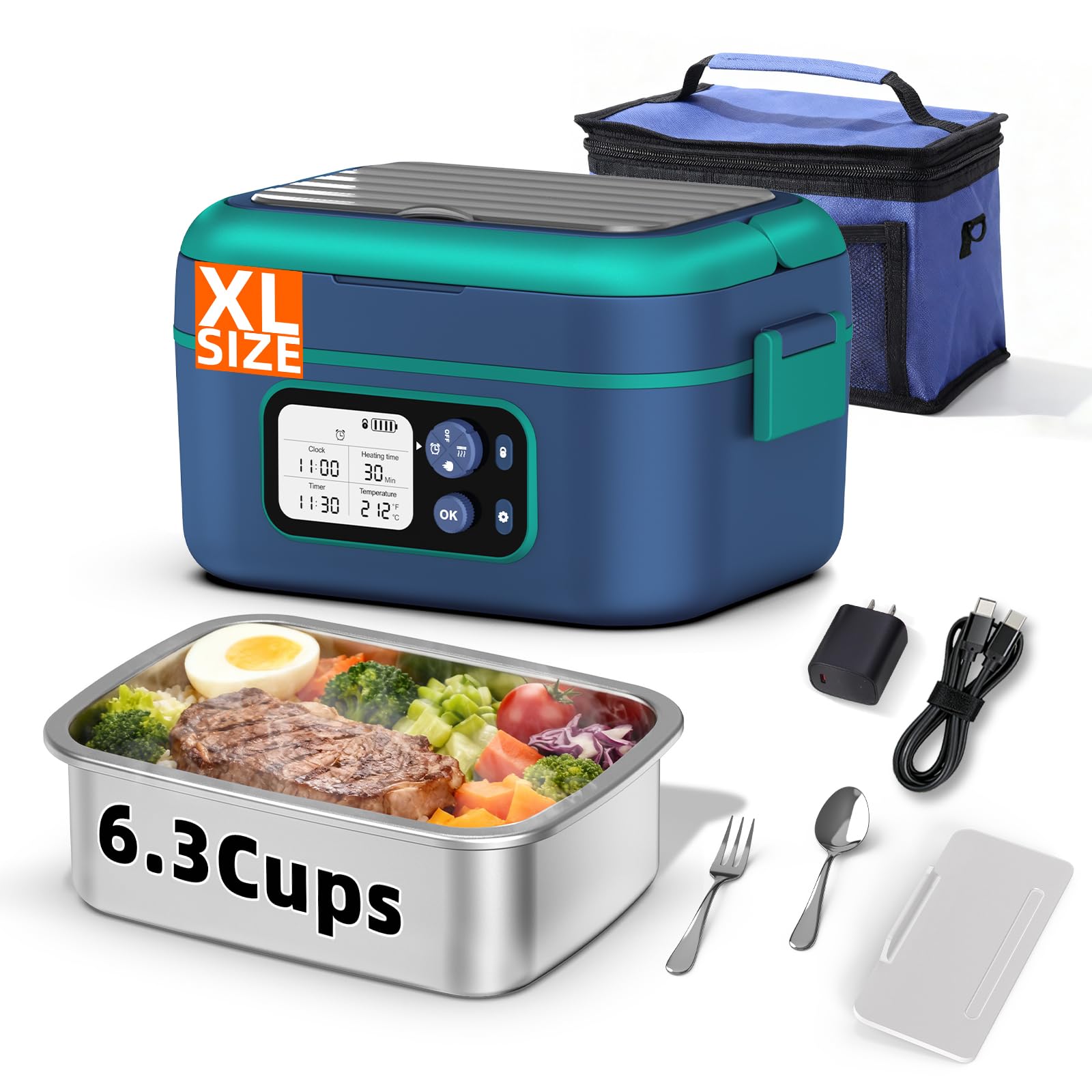 Drafin Cordless Electric Heated Lunch Box for Adults, XL 6.3Cups Rechargeable Battery Powered Smart Self Heating Lunchbox for M
