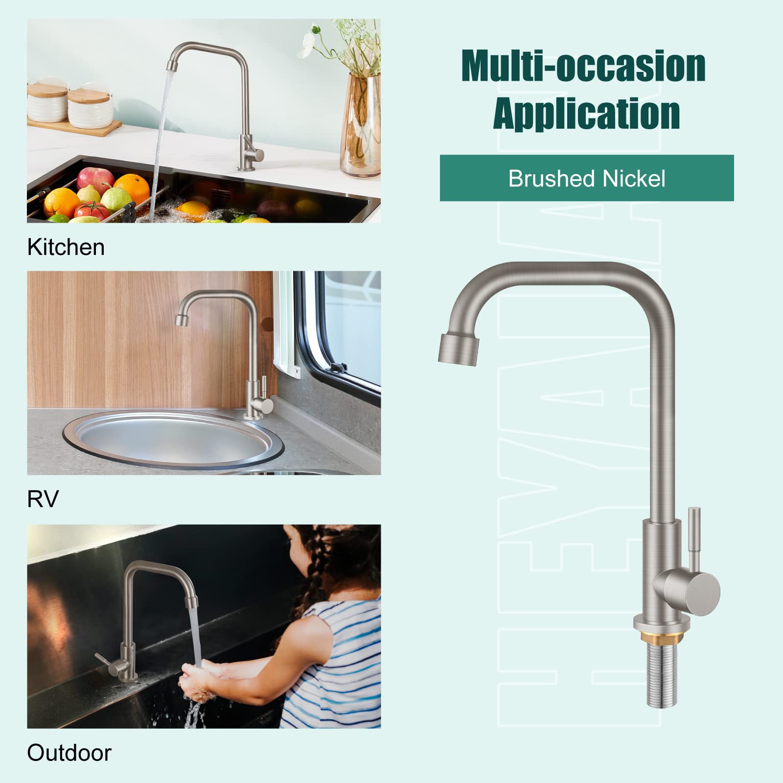 Cold Only Water Kitchen Faucet Brushed Nickel Heyalan Single Lever Handle 304 Stainless Steel Commercial Bar Tap Decked Mounted 360 Degree Swivel Spout Longer Thread Pipe
