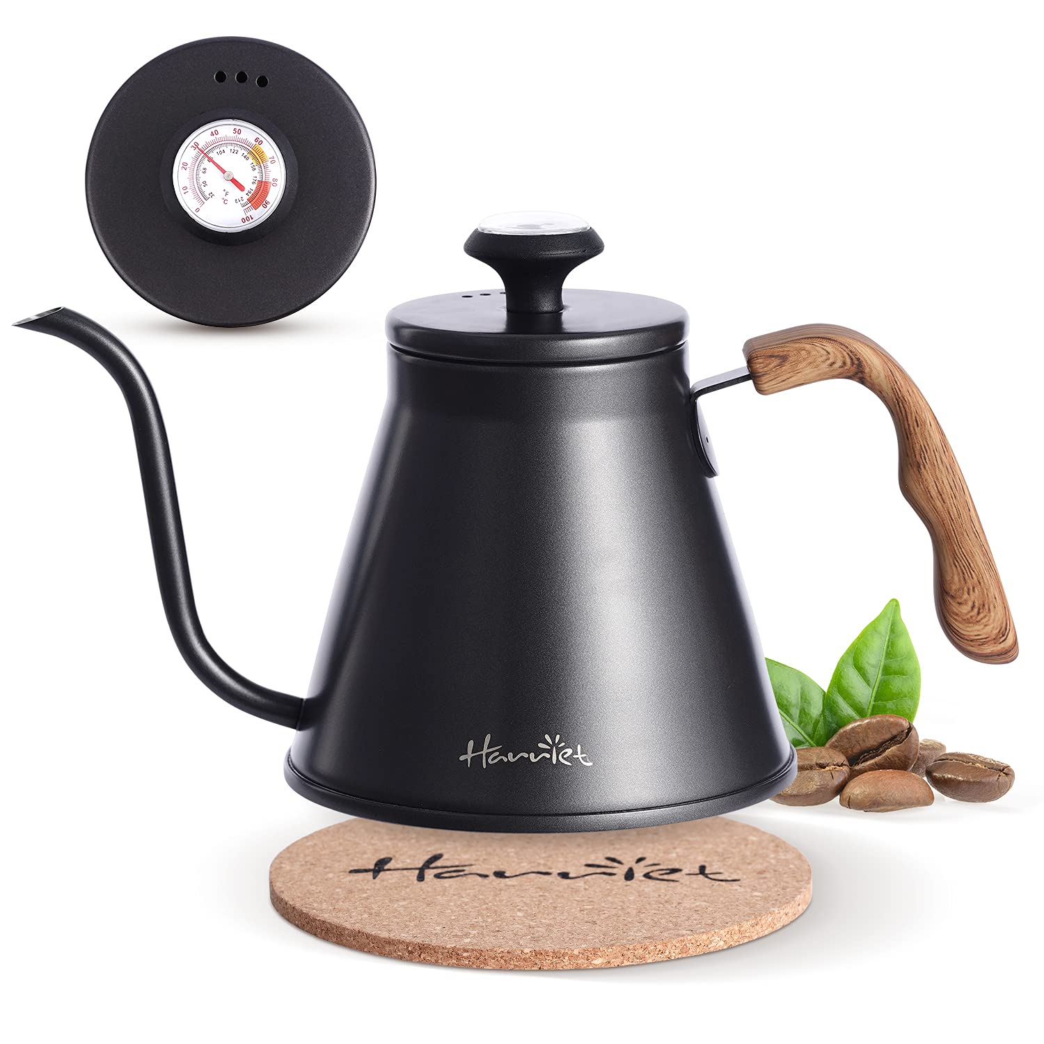 Harriet Gooseneck Kettle, 37oz (1.1L) Stainless Steel Pour Over Coffee Kettle with Built-in Thermometer, Anti-Hot Handle, Flow S
