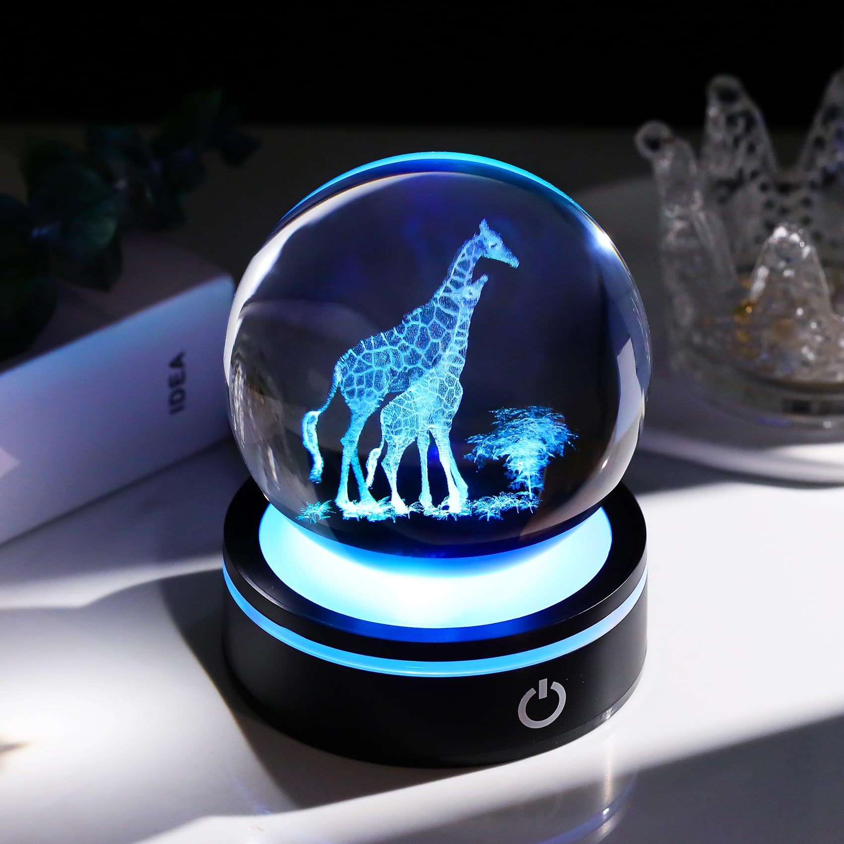 YWHL 3D Giraffe Crystal Ball Figurine with Colorful Light Base, Giraffes Gifts for Women Men on Birthday Christmas, Laser Engrav