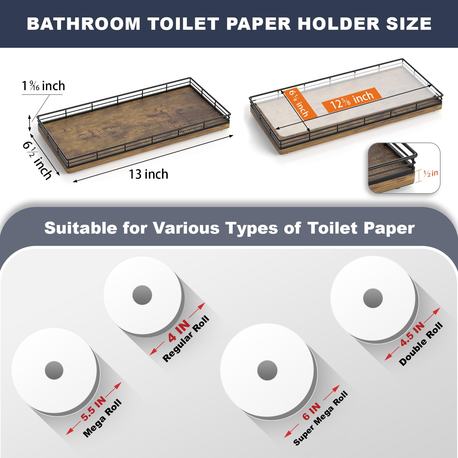 Focusonit Bathroom Toilet Tank Tray, 13'' Wood Toilet Paper Storage Basket Tray Back Of Toilet Basket Organizer, Vanity Tray For