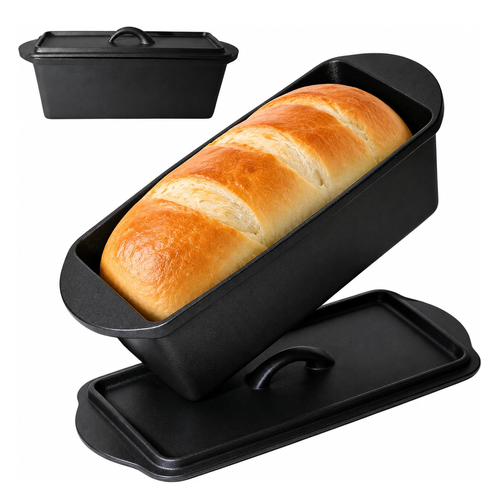 Black Cast Iron Loaf Pan with Lid, 14 x 5 Inch Bread Baker for Sourdough