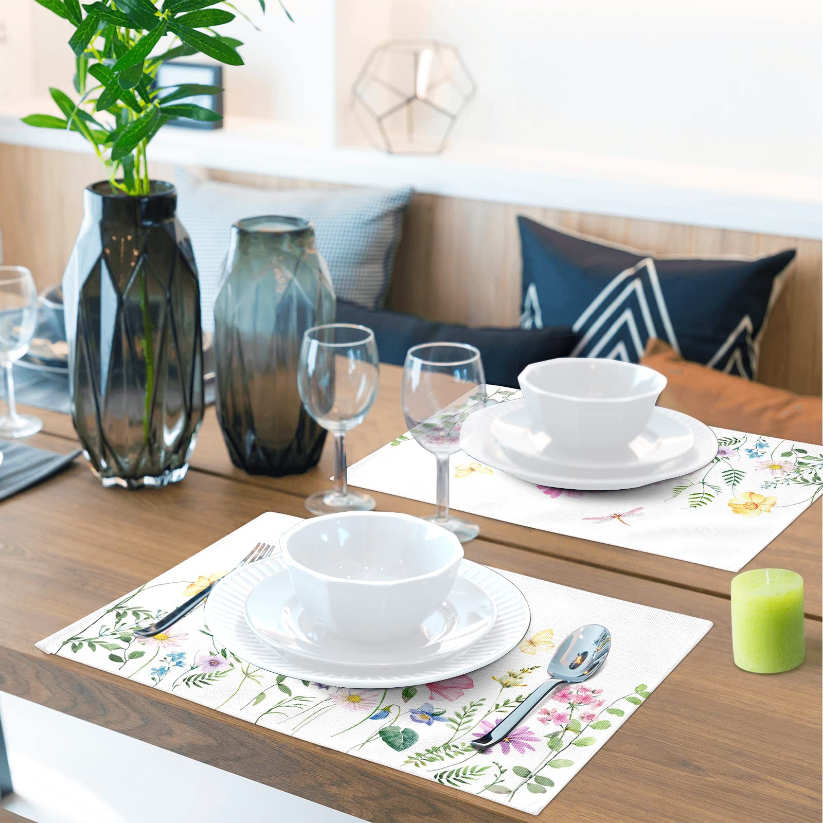 Placemats Set Of 4, Spring Summer Floral Non Slip Heat Resistant Cotton Linen Fabric Cloth Place Mats, White Square Washable Hol