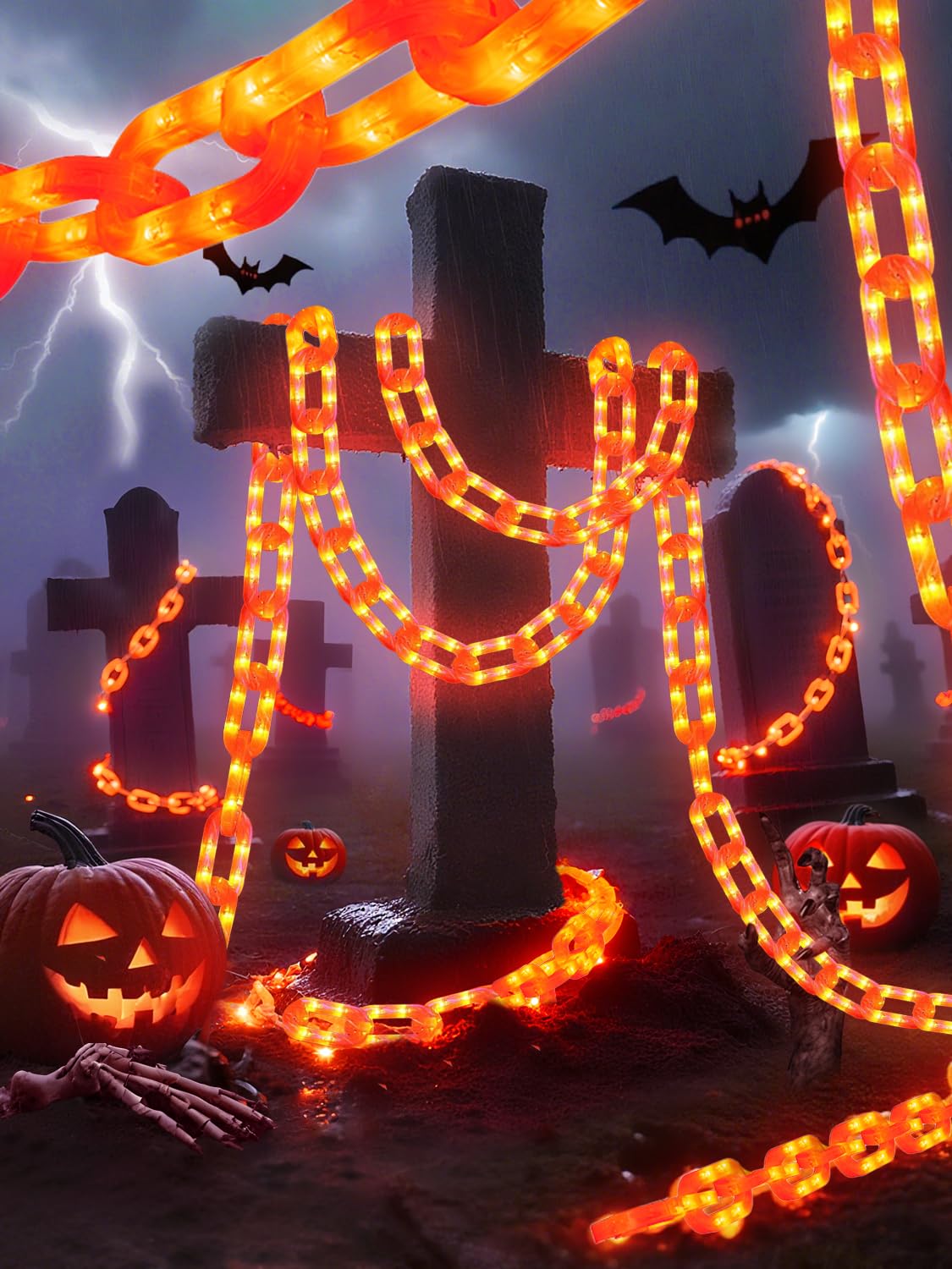 Halloween Chain Lights - 10 Ft 160 LED Orange Plastic Chains, Battery Operated Halloween Decorations with 8 Lighting Modes & Tim