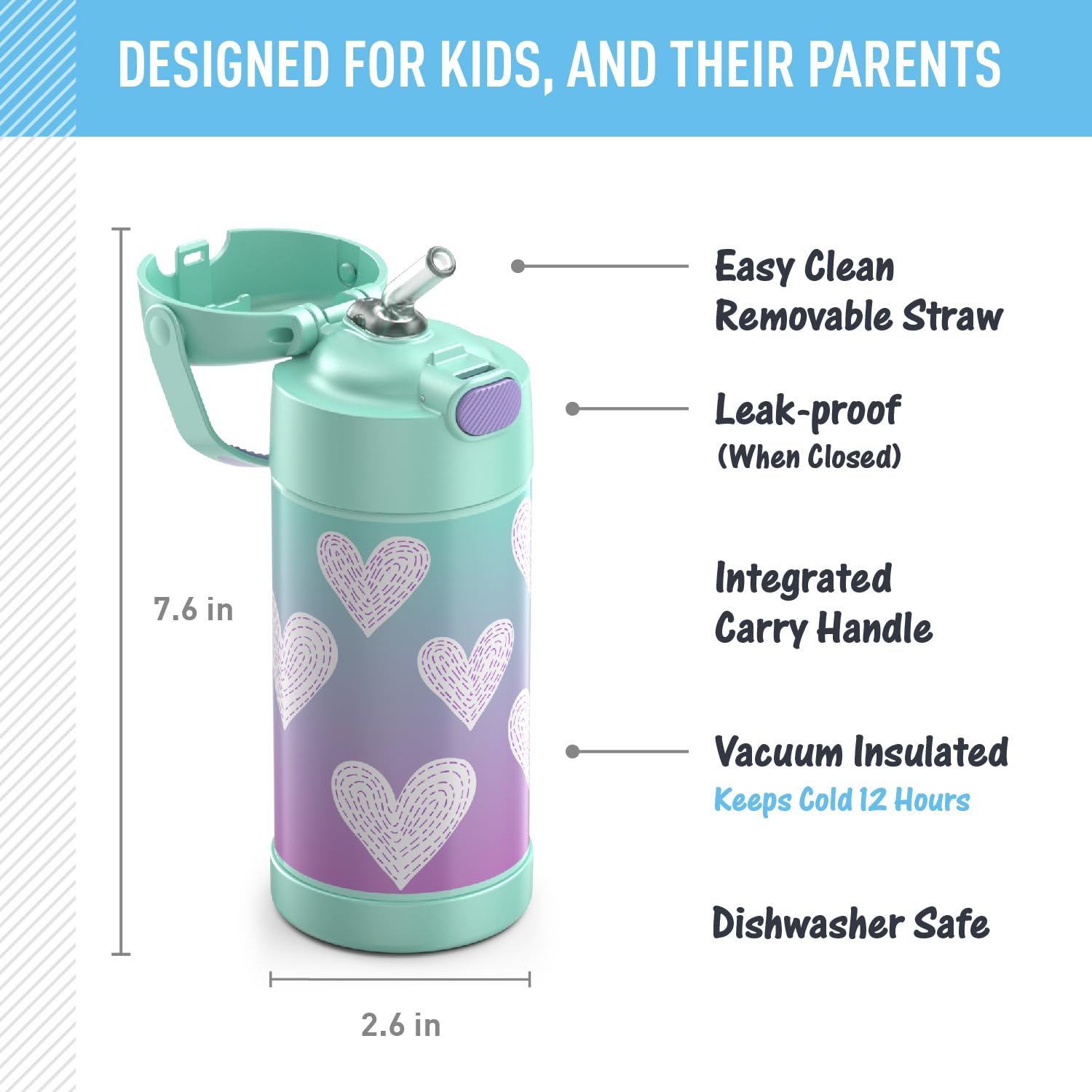 Thermos Funtainer Water Bottle With Straw - 12 Ounce, Purple Hearts - Kids Stainless Steel Vacuum Insulated Water Bottle With Li
