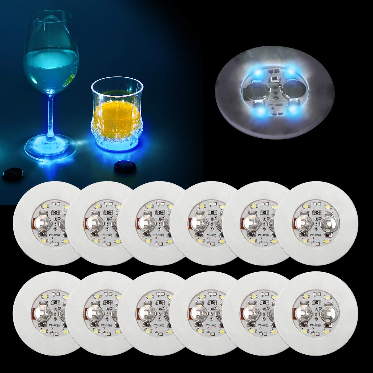 Ahier 12 Pcs Led Coasters For Drinks, Blue Light Led Bar Coaster Bottle Light Sticker Perfect For Party, Wedding, Bar (Blue)