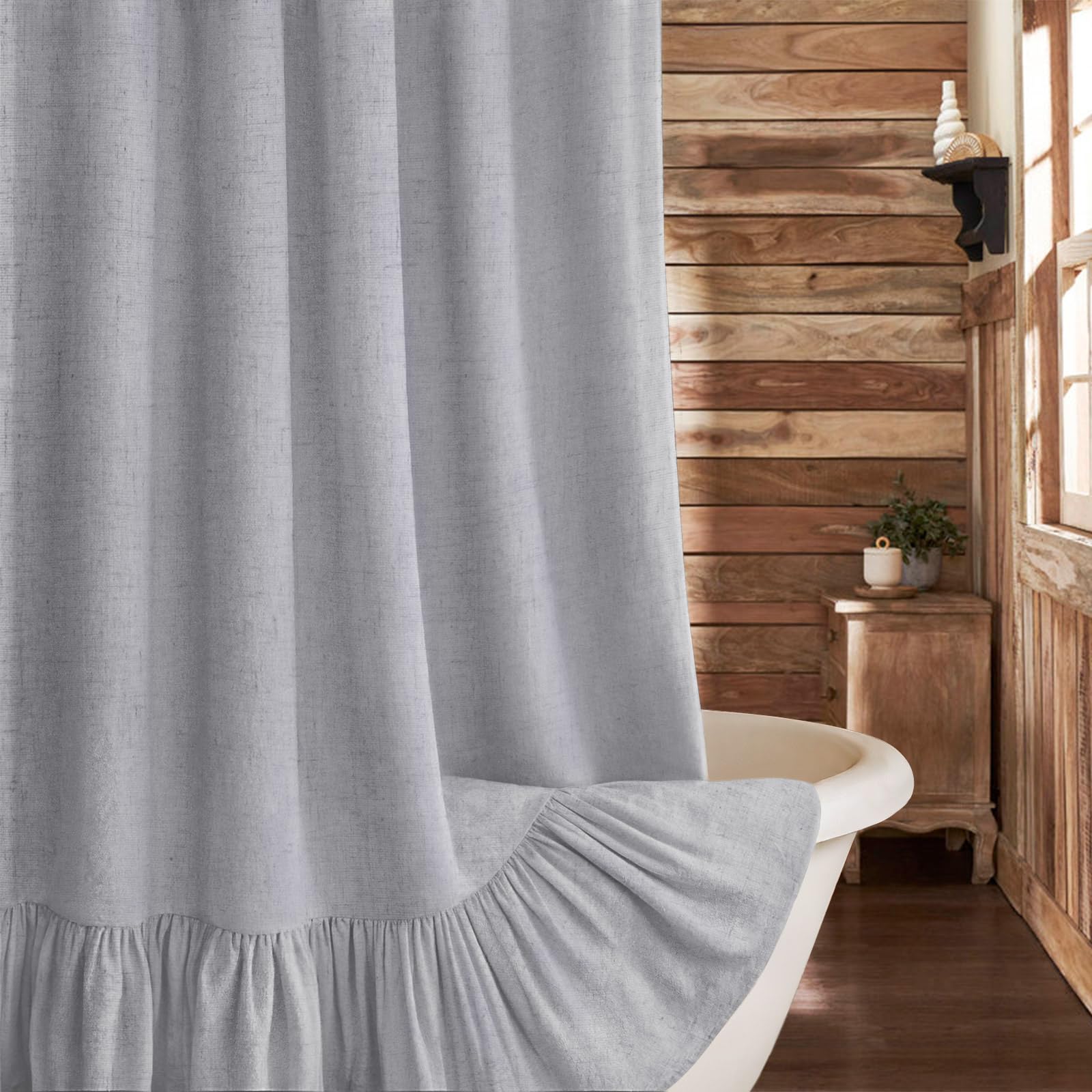Xoguibo Farmhouse Shower Curtain With Ruffle Hem Linen Flax Grey Shower Curtains For Bathroom Country Vintage Rustic Natural Fab