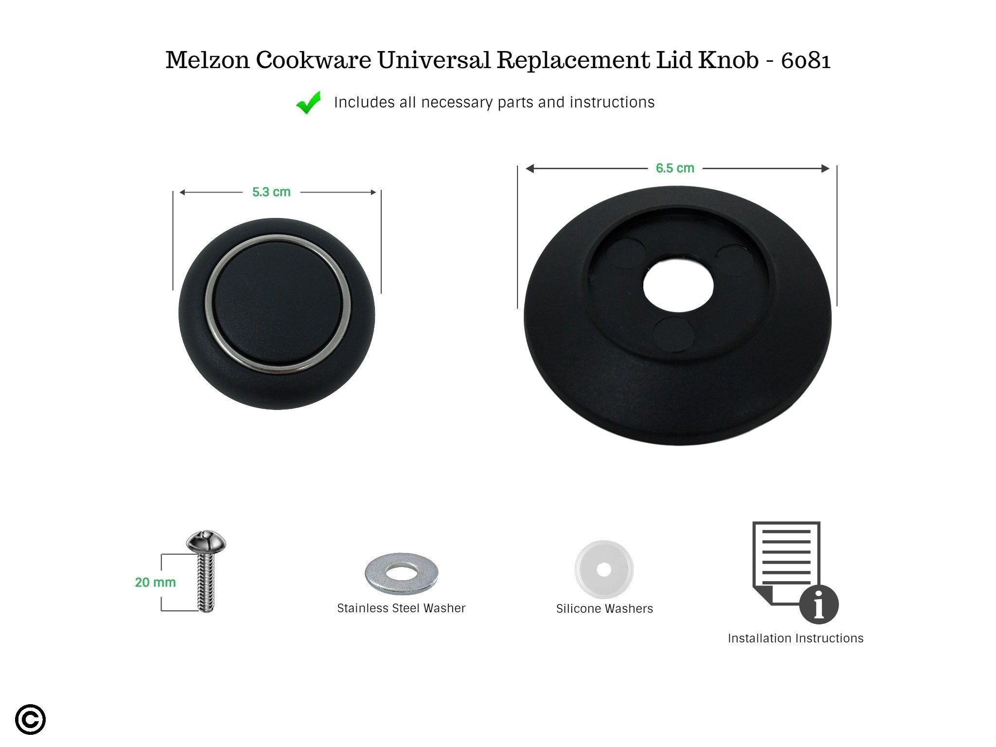 Melzon Cookware Universal Replacement Lid Knob - Heat Resistant, Bakelite Kitchen Pot Lid Handle, Black W/Silver Lining (1)