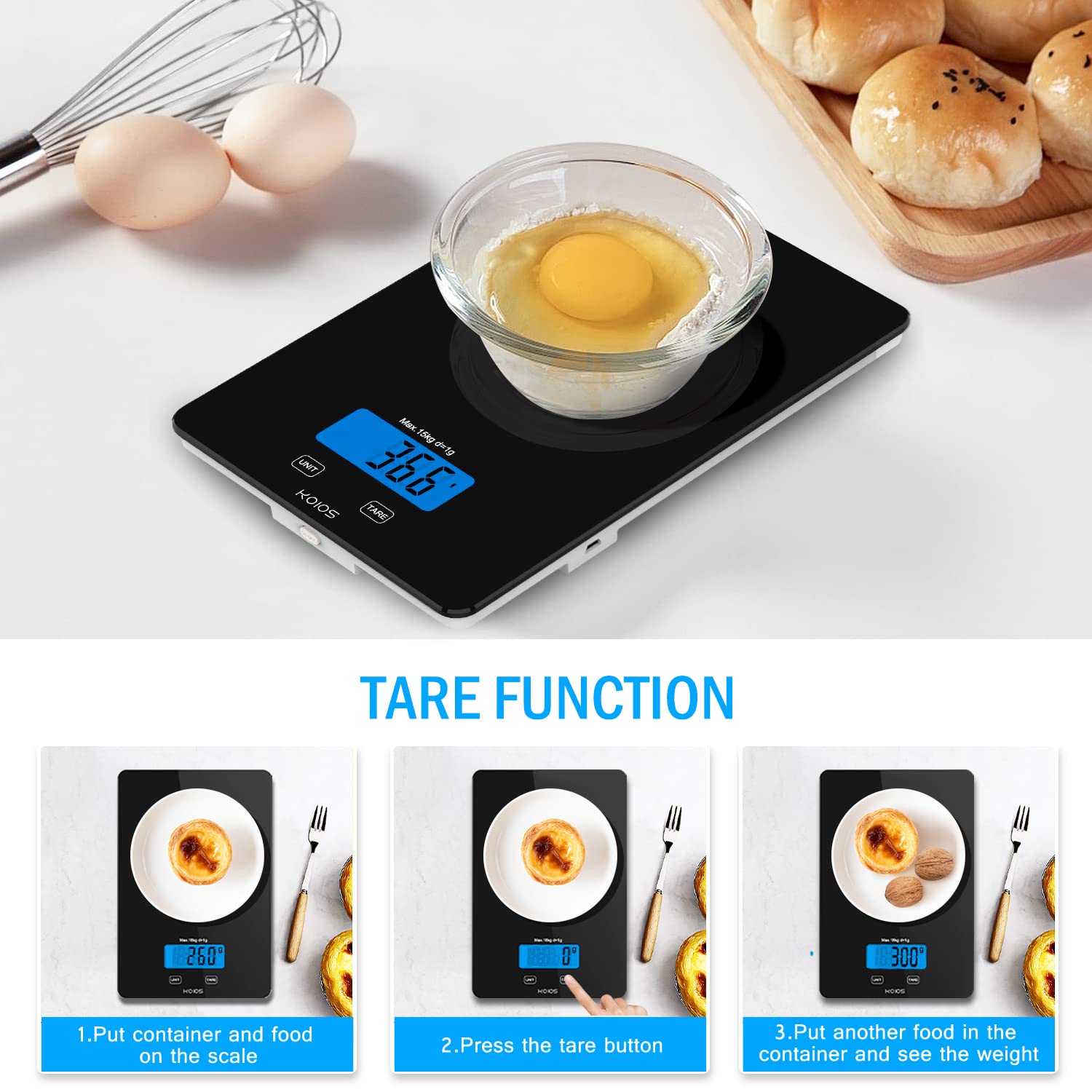 Koios Food Scale, 33Lb/15Kg Digital Kitchen Scale For Food Ounces Grams Cooking Baking, 1G/0.1Oz Precise Graduation, Waterproof