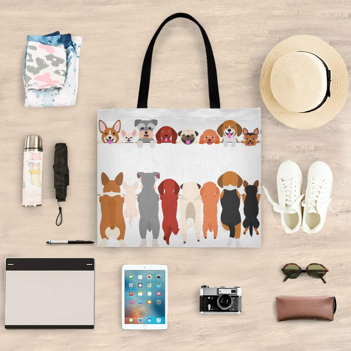 Visesunny Women 'S Large Canvas Tote Shoulder Bag Standing Small Dog Top Storage Handle Shopping Bag Casual Reusable Tote Bag Fo