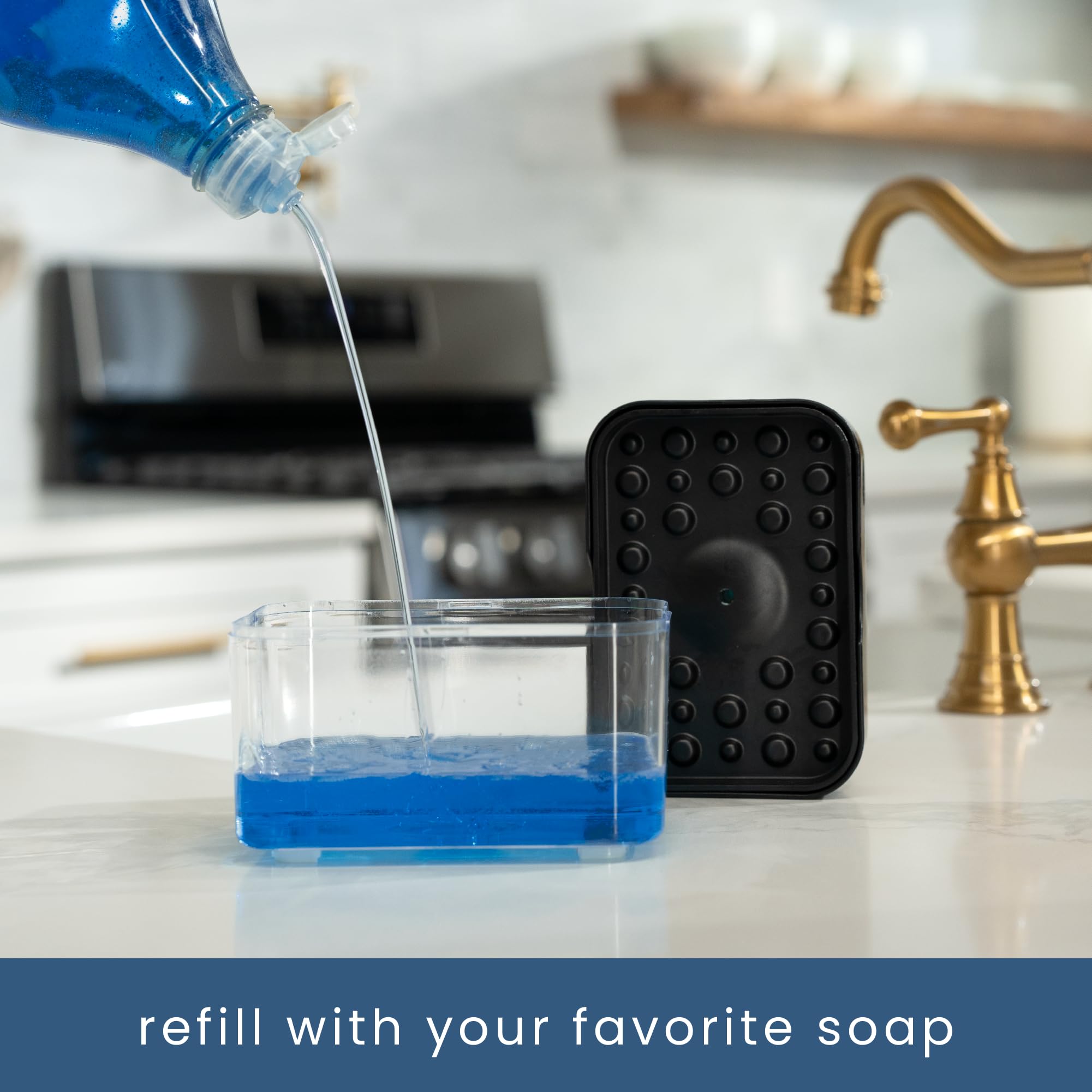 S&T INC. Dish Soap Dispenser and Sponge Holder for Kitchen Sink with Enhanced Features  Sponge Included  13 Ounces  Matte Black