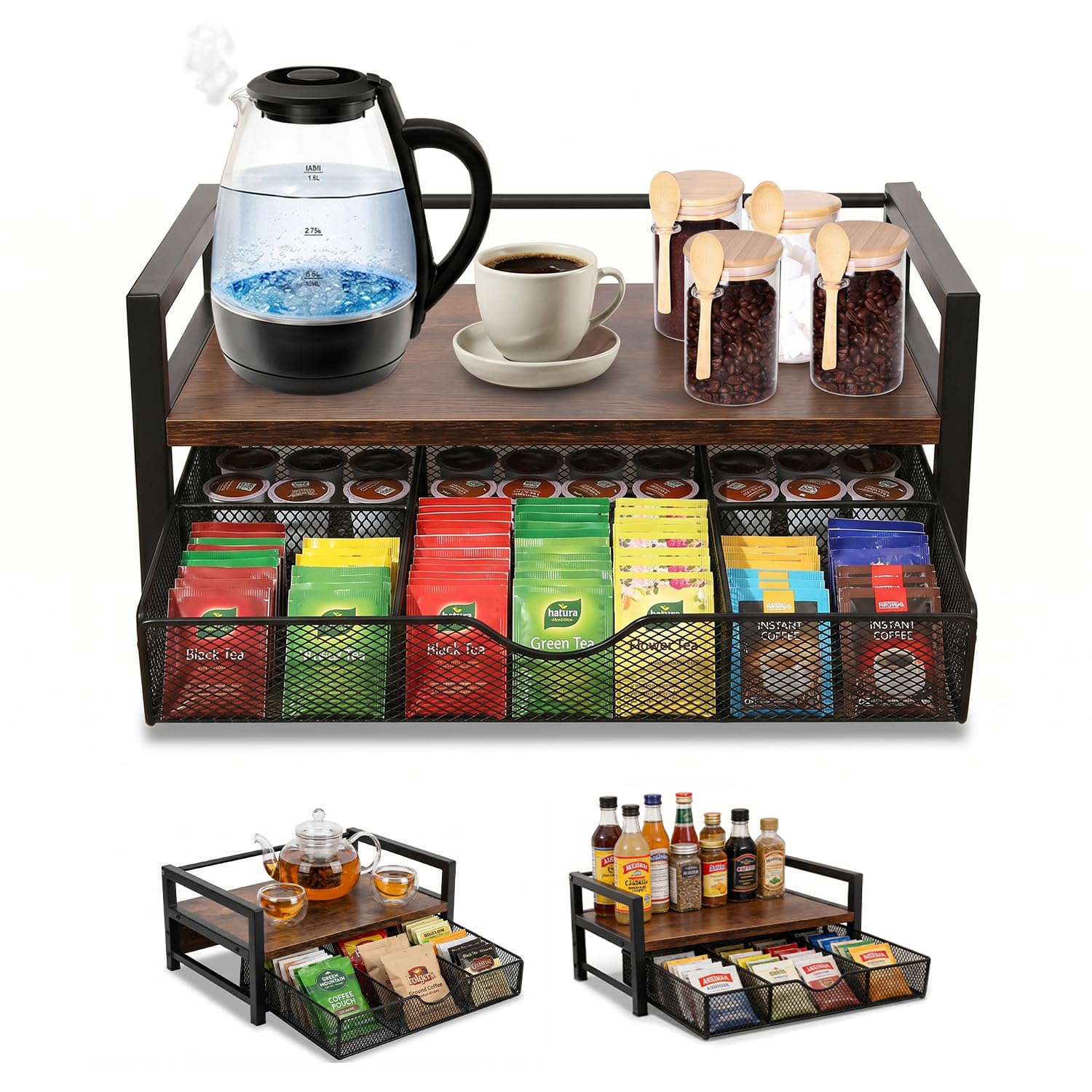 Tea Bag Organizer with 6 Compartments, Extra Large Countertop Tea Holder