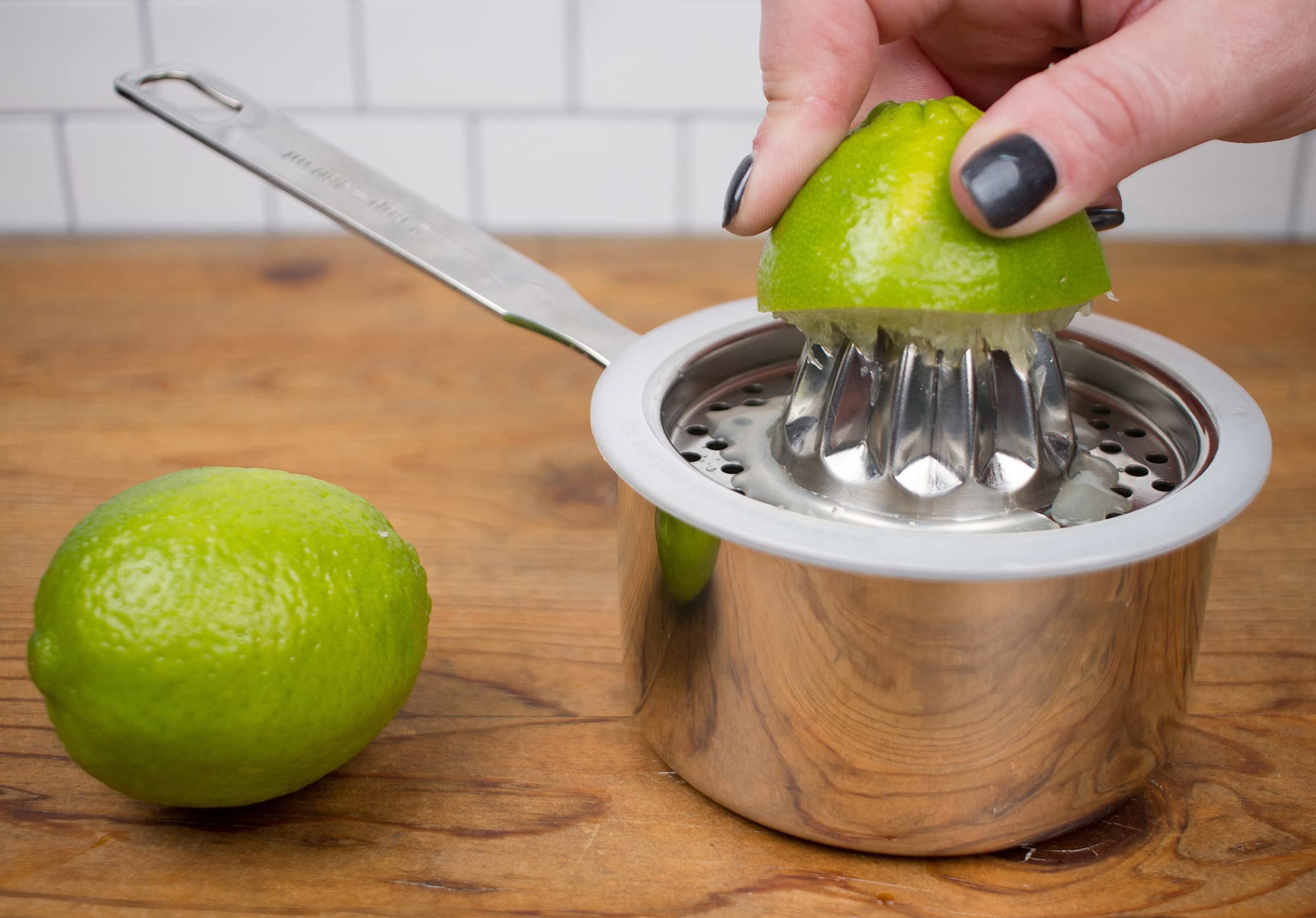 RSVP International Endurance (JUC-PYX) Manual Hand Citrus Juicer Squeezer  Stainless Steel  4.75 Inch Dia.  Use w/ Pyrex Cups  Bowls  For Oranges  Grapefruits  Lemons  Dishwasher Safe Silver