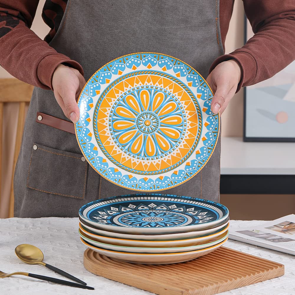 Ahx Dinner Plates Ceramic Plate Set - 10 Inch Large Porcelain Round Plate Sets Of 6 - Flat Colorful Pattern Dining Plates For Ki