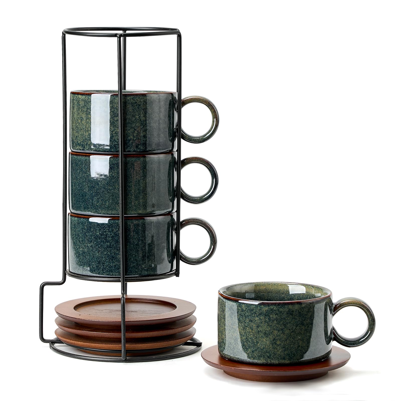 LUKA 6 Ounce Porcelain Stackable Espresso Cups with Saucers and Metal Stand Set of 4, Ceramic Cappuccino Cups Set for Specialty 