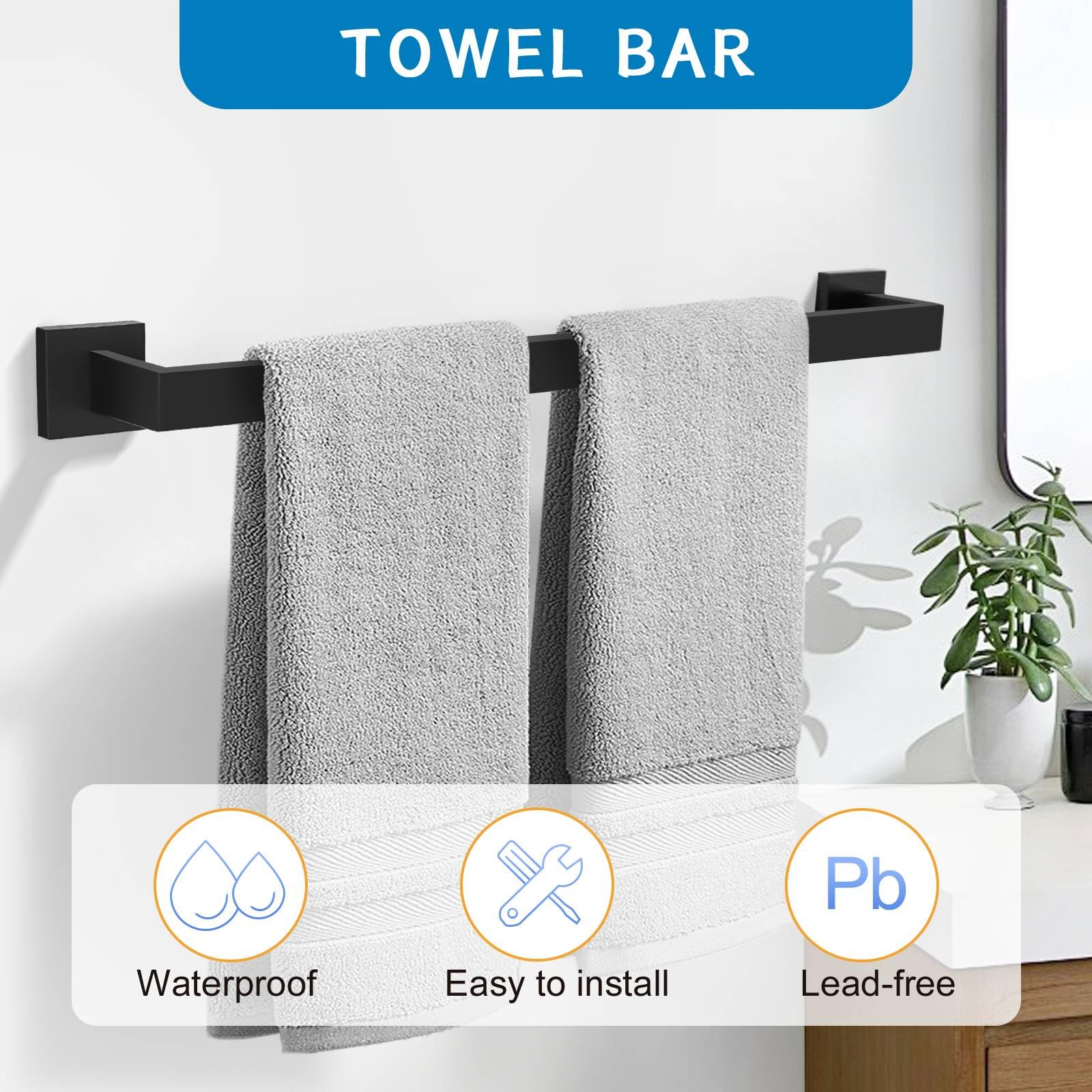 TNOMS 5 Pieces Bathroom Hardware Accessories Set Black Towel Bar Set Wall Mounted Stainless Steel 23.6-Inch.