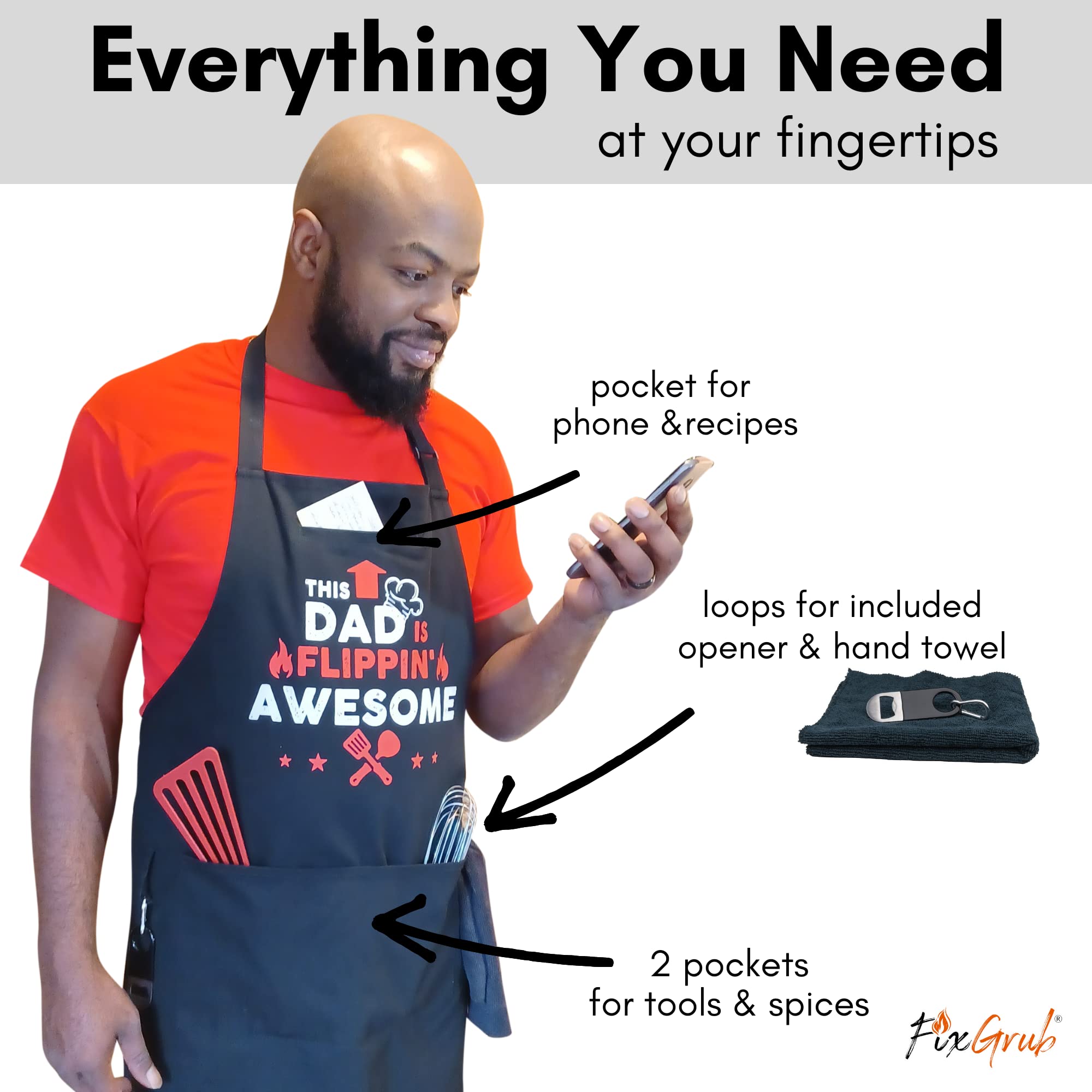 Fixgrub Dad Bbq Apron, Funny Apron, Grill Apron, Chef Apron With 3 Pockets, Bottle Opener, Towel And Gift Box, 100% Cotton, Idea