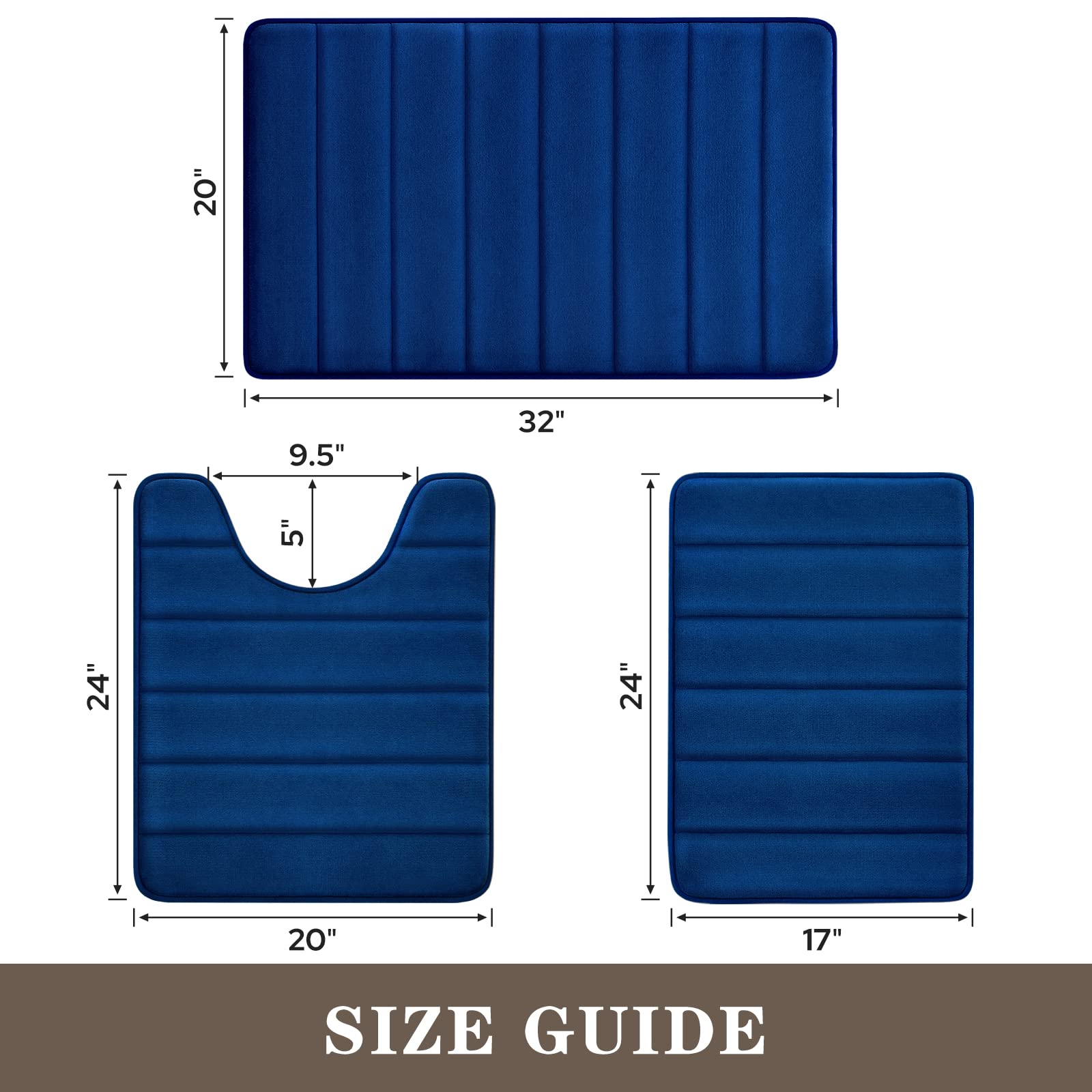 BYSURE Navy Blue Memory Foam Bathroom Rug Set 3 Piece Non Slip Extra Absorbent Shaggy Bathroom Mats and Rugs Sets  Soft & Dry Bath Mat Sets for Bathroom Washable Carpets Set