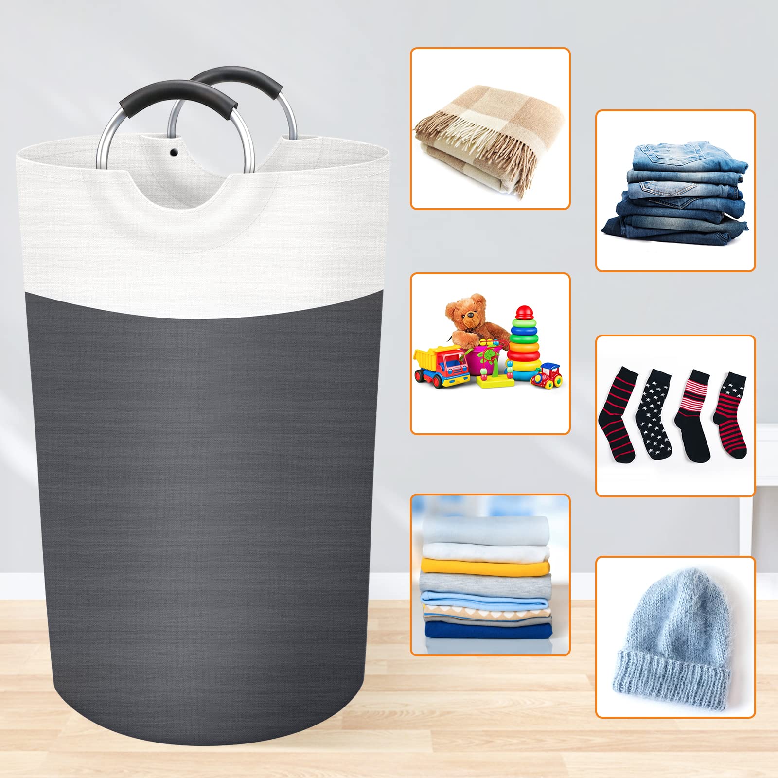 BlissTotes Laundry Basket  Laundry Hamper  Collapsible Laundry Baskets  Dirty Clothes Hamper  Waterproof Laundry Basket with Foam Protected Aluminum Handles for College Dorm  Family 90L (Grey)