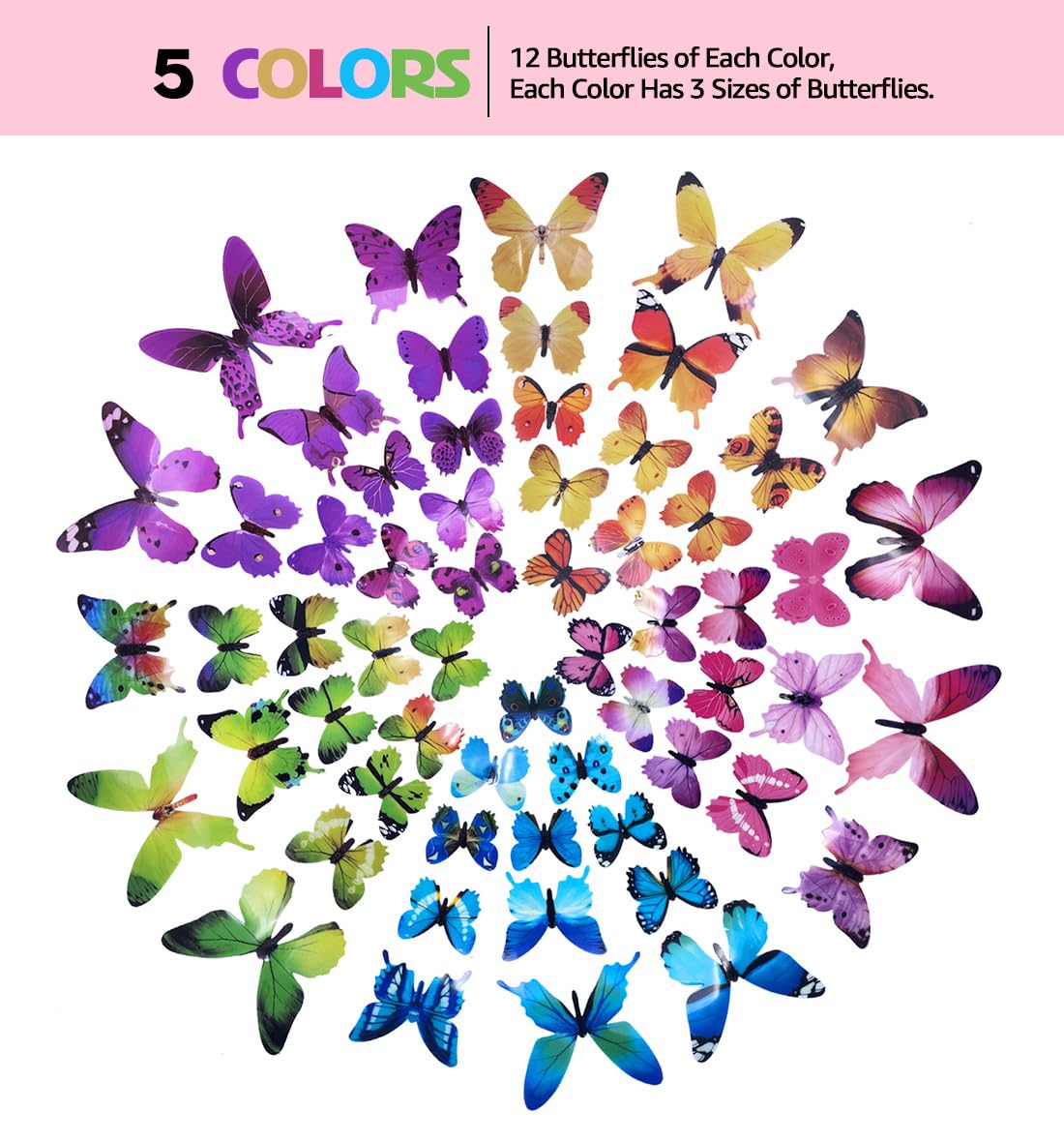eoorau 60pcs Butterfly Wall Decals - 3D Butterflies Removable Mural Wall Stickers for Kids Girls Home Room Bedroom Decoration