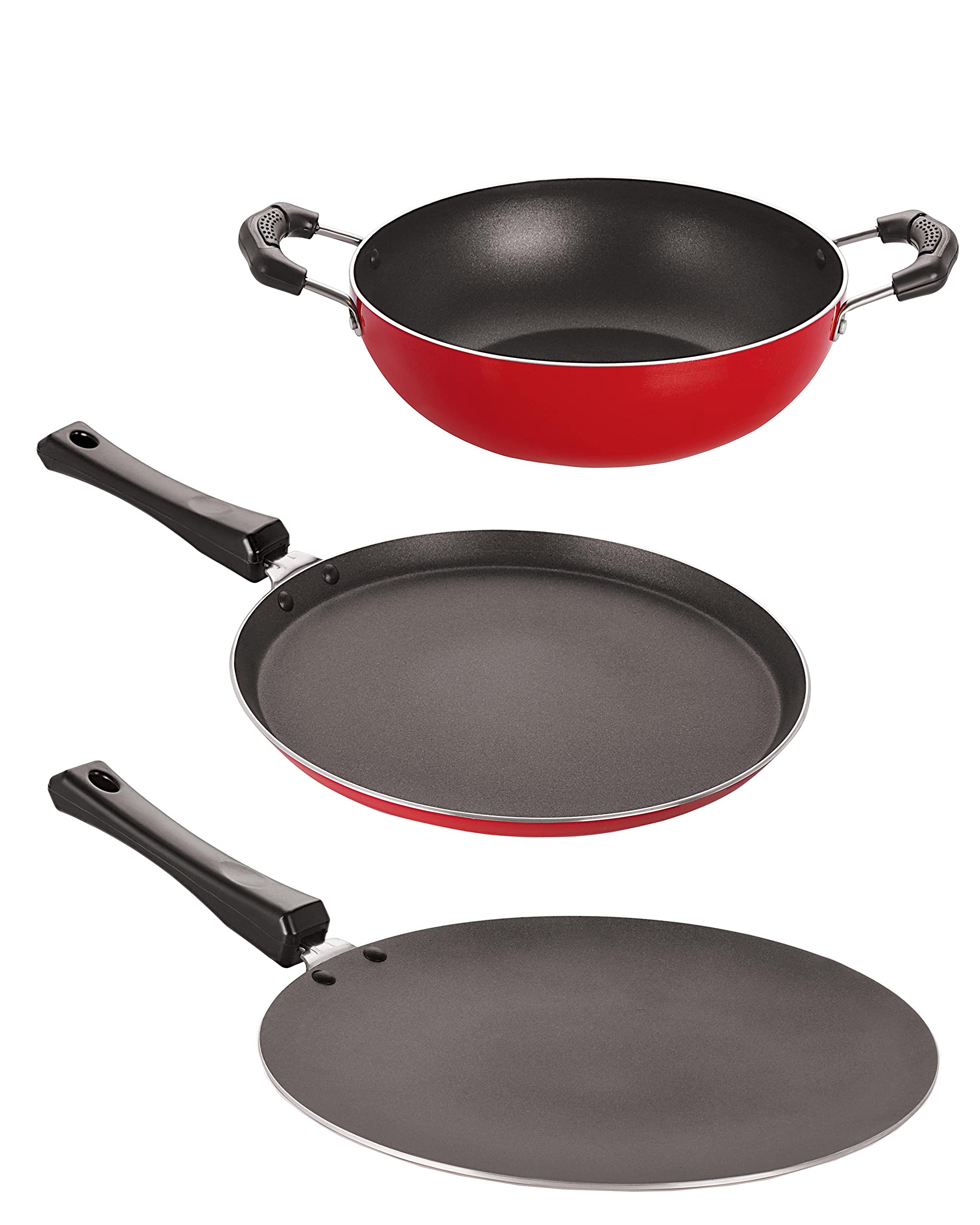 Nirlon NonStick Aluminium Cookware Set, 3Pieces, Red/Black (2.6Mm_Ft13_Ct_Kd12) (Ft13_Ct12_Kd12)