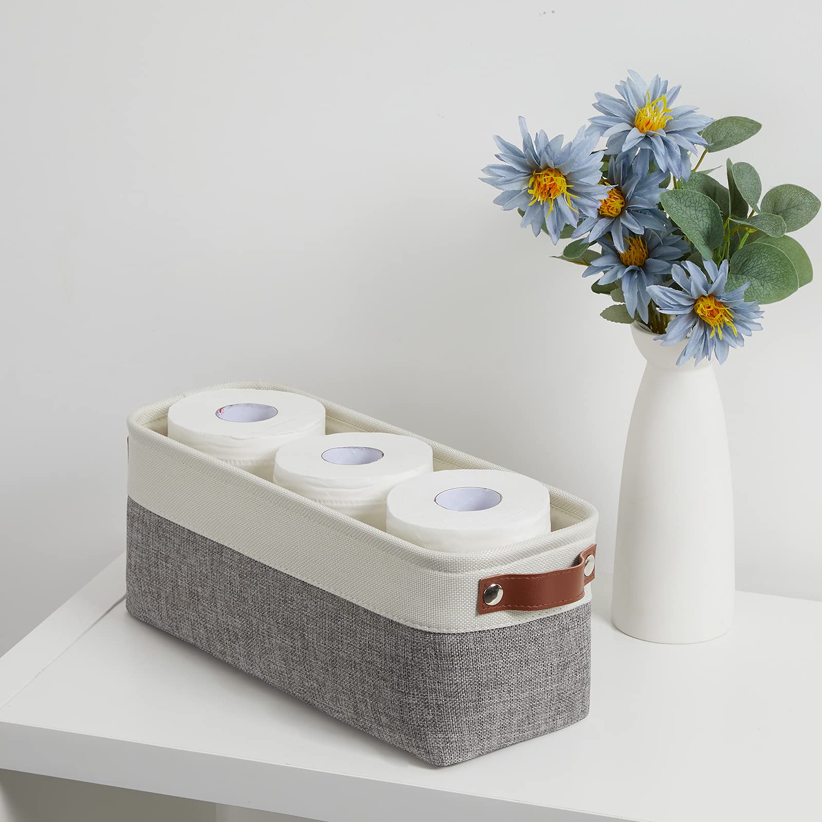 DULLEMELO Small Storage Baskets 15''x6''x5.5''  Fabric Storage Bins for Toilet Tank Top [2 Pack]  Back of The Toilet Basket (White&Grey)