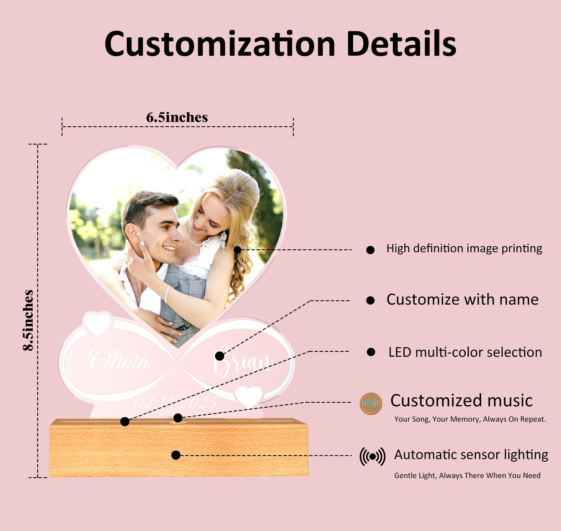 Custom Music Frame with Picture,Personalized Photo Frame with Sensor Night Light & Music Player,Personalized Anniversary/Wedding