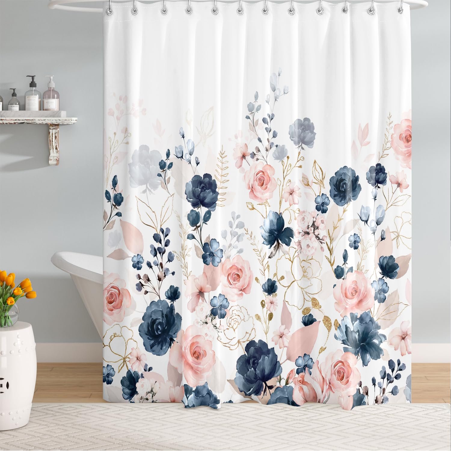 Bivinar Extra Long Navy Blue And Pink Roses Floral Shower Curtain 72 X 84 Inch, Watercolor Flowers Bathroom Shower Curtain, Wate