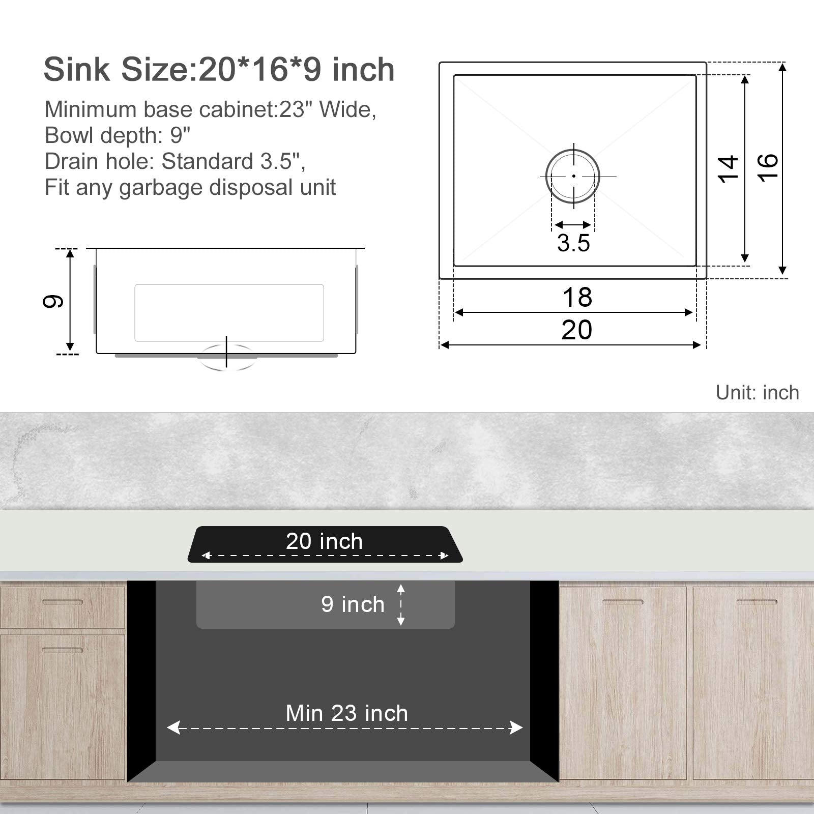 MENATT 20-inch Undermount Kitchen Sink  SUS304 Stainless Steel Handmade Single Bowl Kitchen Sink with Sink Strainer (Brushed)  20''x16''x9''