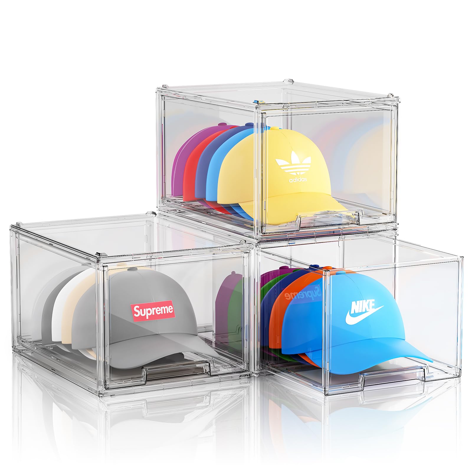 3 Pack Hat Organizer Box For Baseball Caps, Stackable Storage Drawers For Baseball Hat Storage Organizer, Clear Storage Drawer F