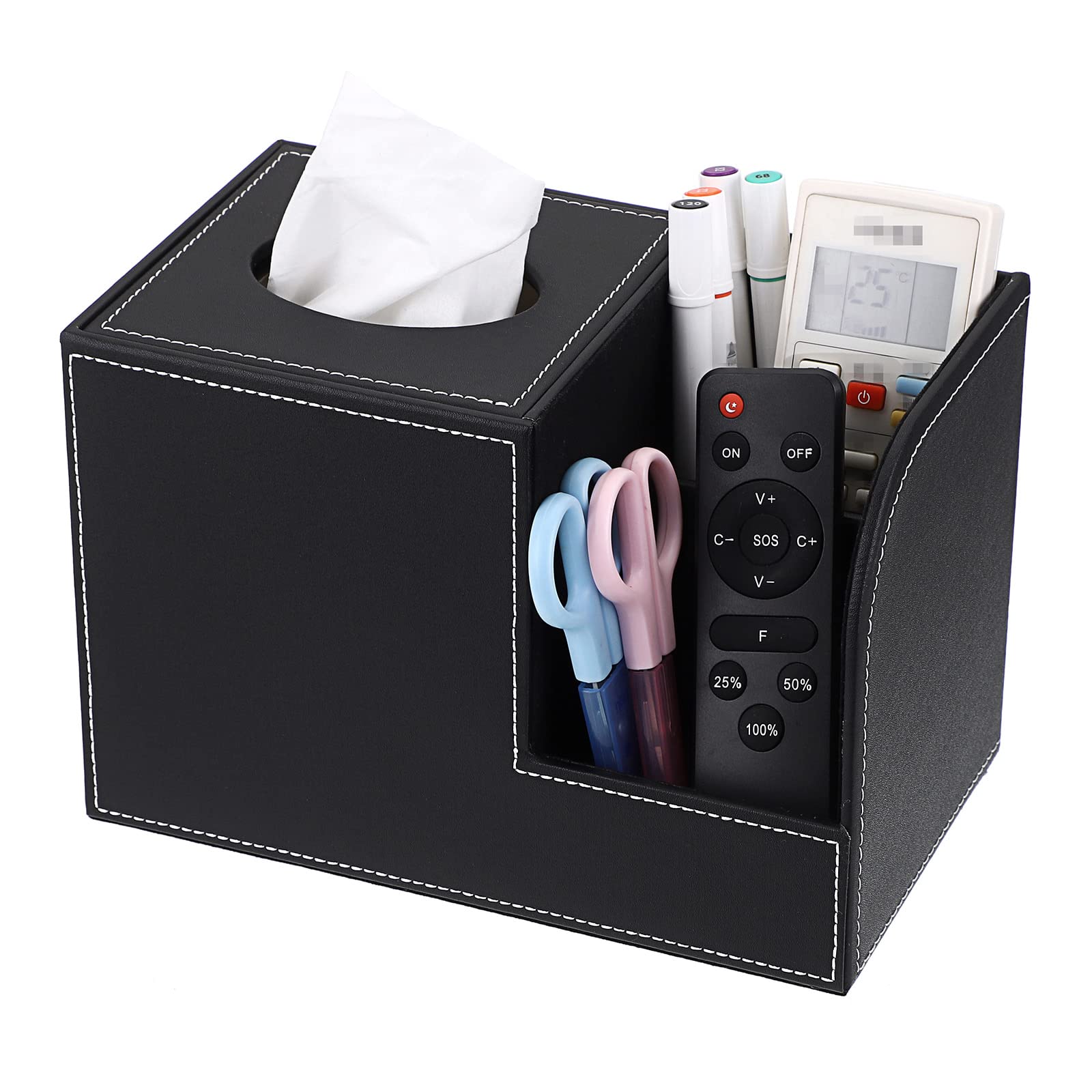 Sumnacon Square Leather Tissue Box Cover - Decorative Cube Tissue Box Holder With Side Organizer, Modern Tissue Box For Living R