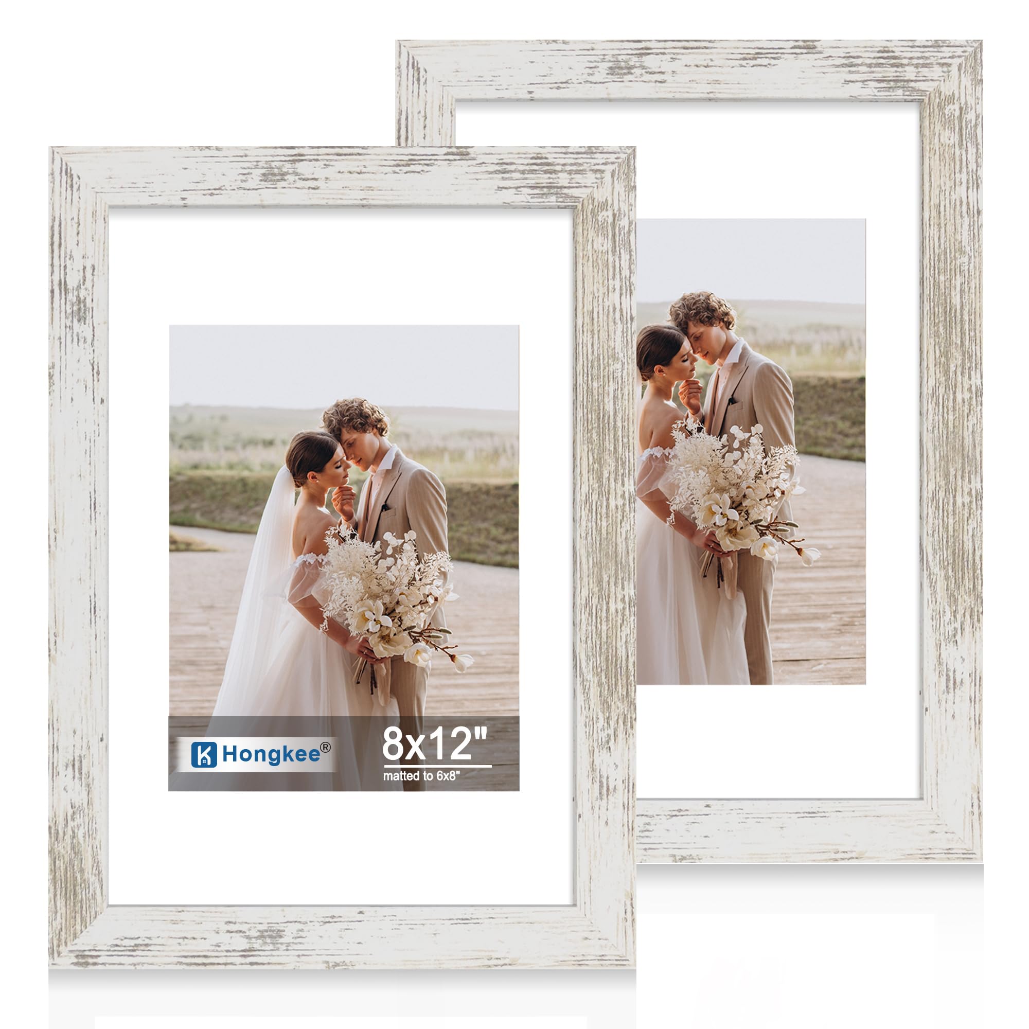 Hongkee 8x12 Picture Frame Set of 2, Made of Real Glass and Distressed White Wooden Frame - Display Pictures 6x8 with Mat or 8x1
