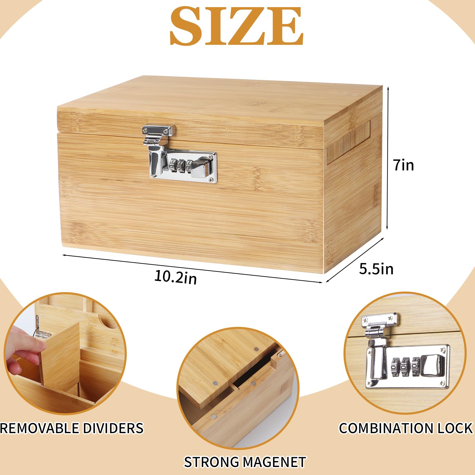 TISEMENT Large Bamboo Box with Combination Lock, Decorative Storage Box with Detachable Compartment, Wooden Boxes with Alright J