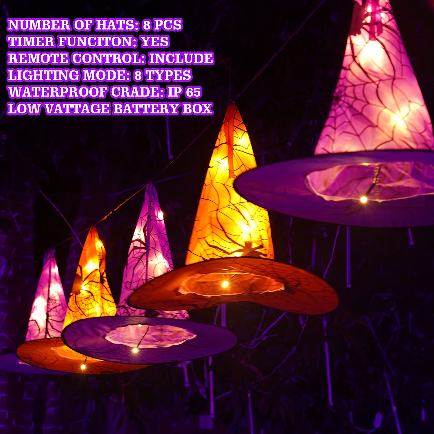 FUNPENY Halloween Decoration Lights, 8 PCS Waterproof Hanging Witch Hat with String Lights with Remote, Hanging Halloween Decora