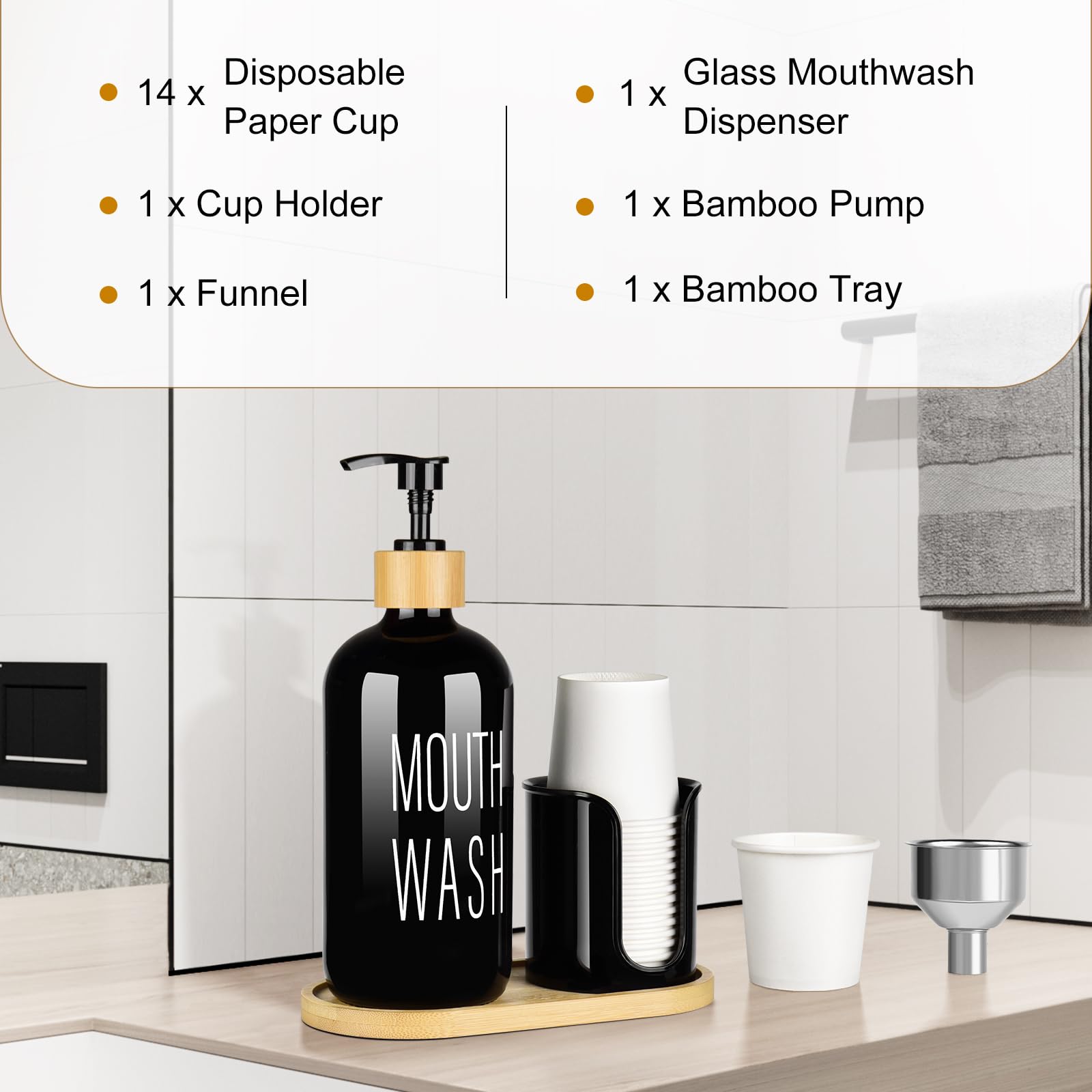 Byaway Black Mouthwash Dispenser For Bathroom - 16Oz Pump Glass Bottle With Cup Holder, 14 Mouthwash Cups,Bamboo Tray, And Funne