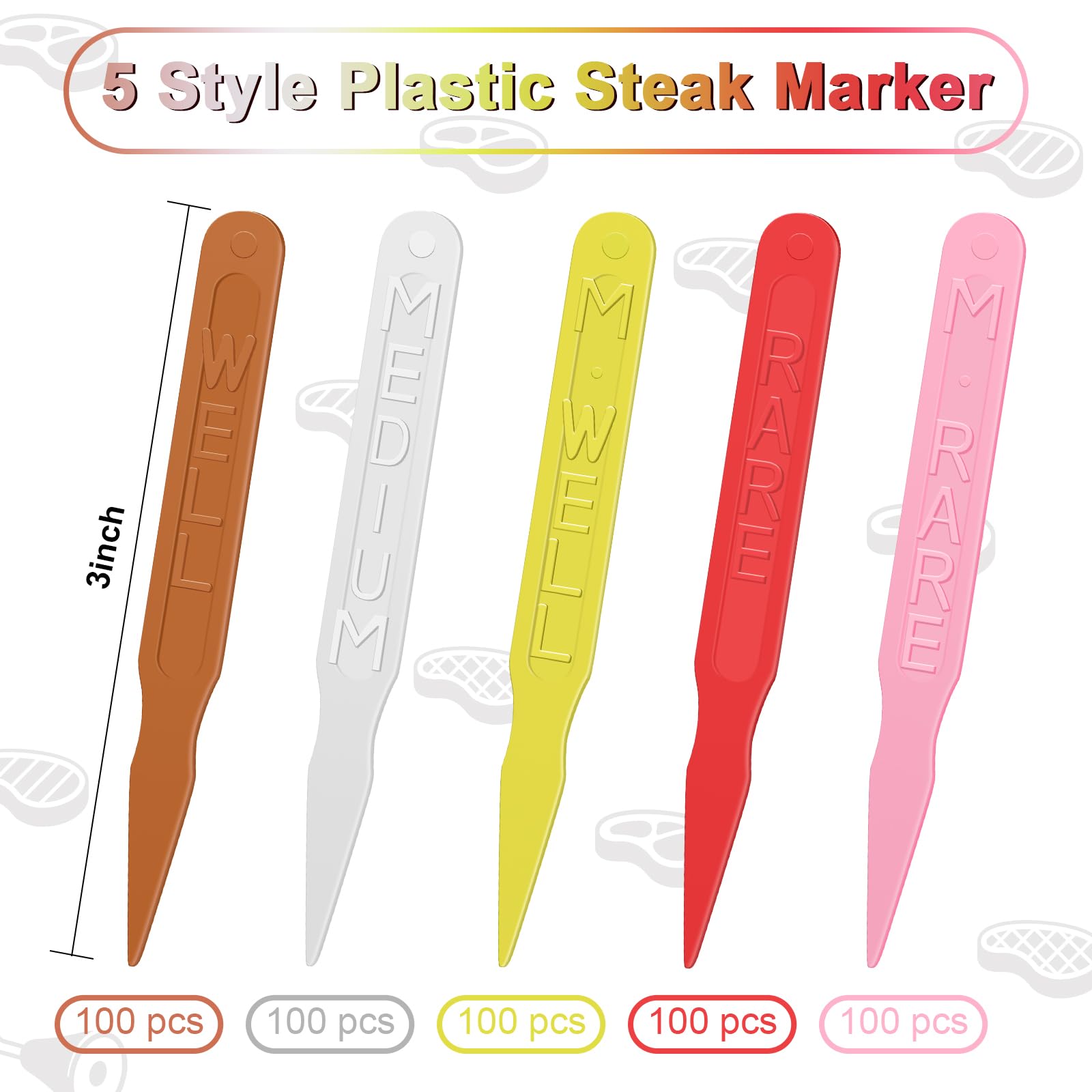 Kigley 2000 Pcs 3 Inch Plastic Steak Markers Colorful Plastic Meat Doneness Picks Steak Temperature Sticks Rare, Medium Rare, Me