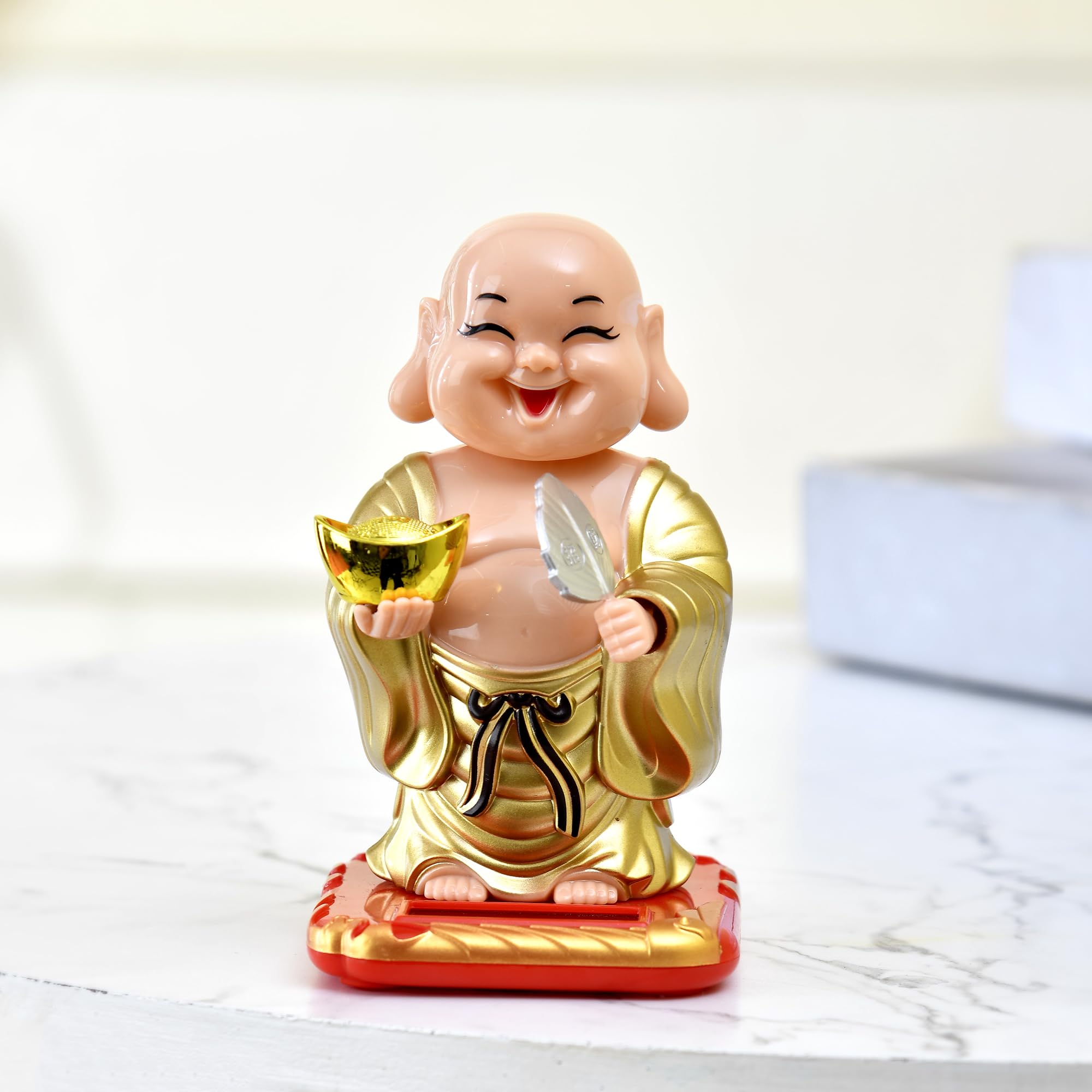 Craftvatika Feng Shui Items For Good Luck, Moving Head Laughing Buddha For Money And Good Luck, Moving Head And Hand Solar Buddh